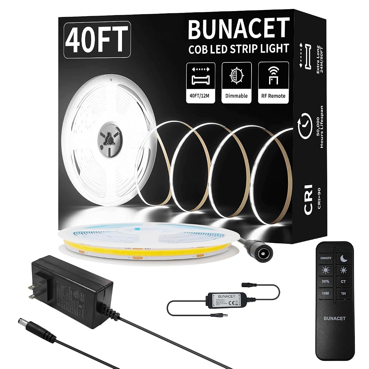 BUNACET COB LED Strip Light 40ft Cool White 6500K High Lumen CRI 90+ with