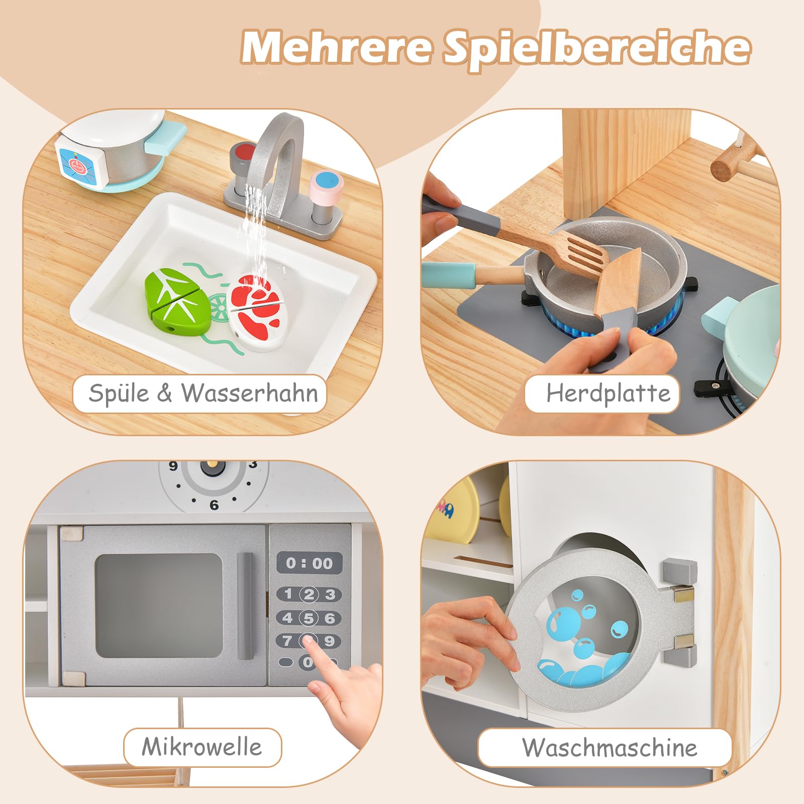 GOPLUS Kinderküche mit Spielzubehör, Spielküche mit Backofen, Mikrowellen, Wasserbecken & Waschmaschine, Stabiler Spielzeugküche mit offener Fächer und Schränke, für Kinder ab 3 Jahren