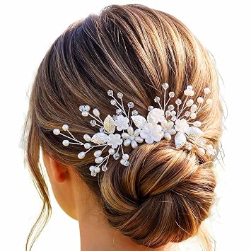 JEAIRTS Pearl Wedding Hair Comb Silver Bridal Flower Headpiece Crystal Leaf Hair Accessories for Women