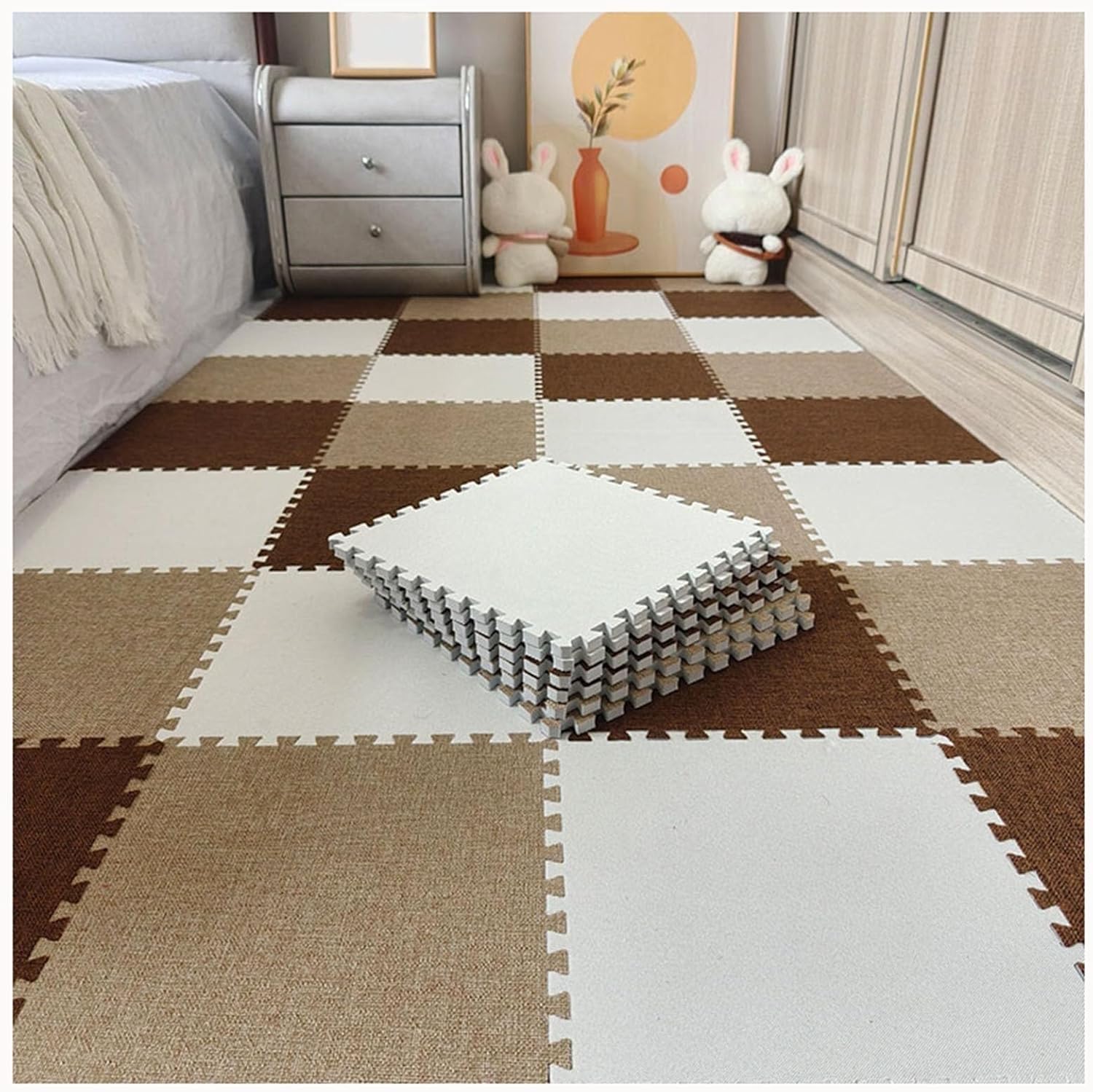 9pcs Non-Slip Washable Puzzle Piece Rug Carpet, 24x24 in Square Interlocking Foam Carpet Tiles, Eva Protect Carpet Floor Mats Home Decor(Light Brown+Dark Brown+White)