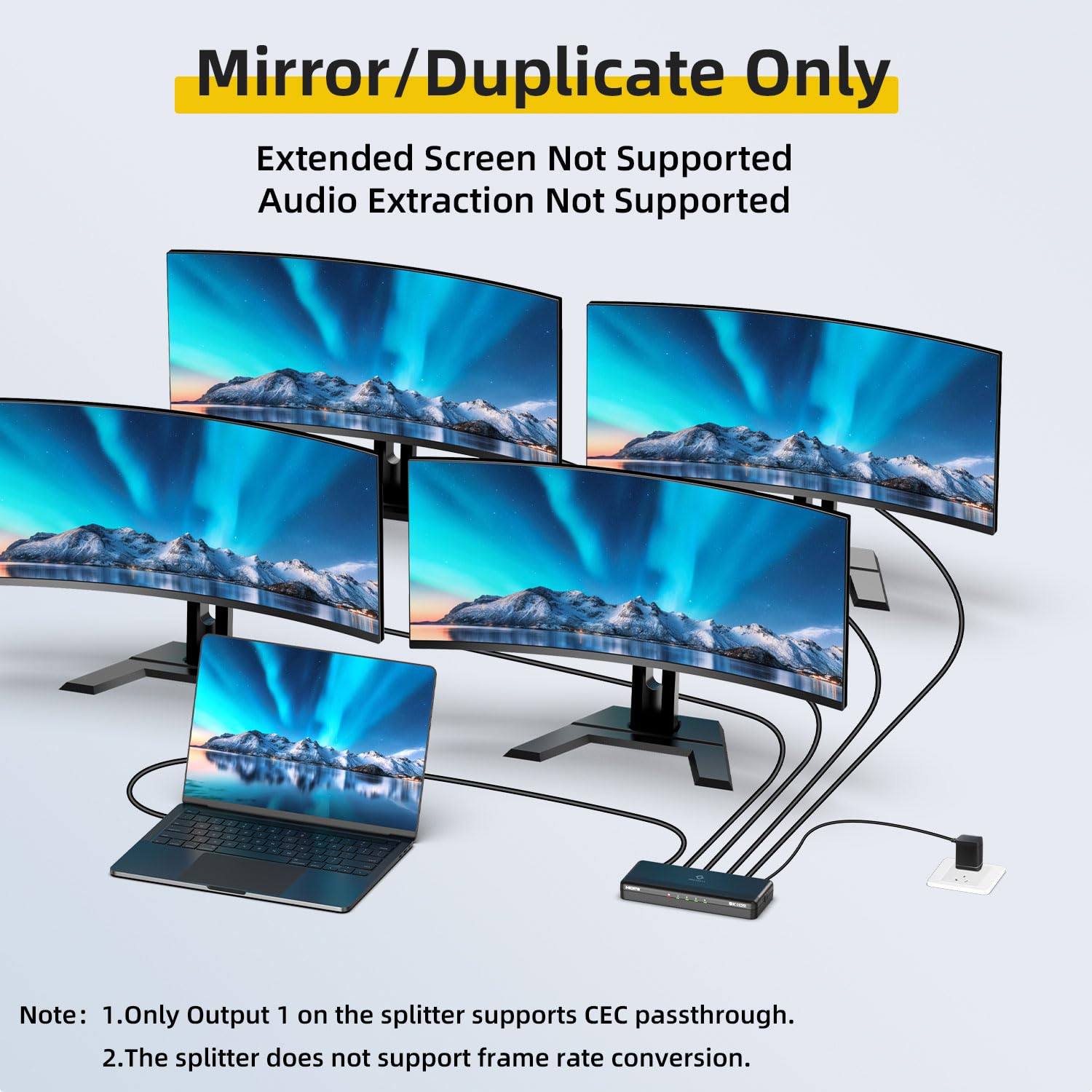 8K HDMI-Splitter 1 in 4 Ausgänge, 1 x 4 Duplikate/Spiegelbildschirme, HDMI 2.1, 8K@60Hz, 4K@240Hz (DSC), 4K@120Hz, automatische Deeskalation, 48Gbps, HDCP 2.3, kompatibel mit Xbox, PS5