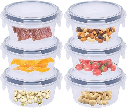 6 Pack 300ml Round Airtight Food Containers with Lids, Plastic Reusable Snack Pots with Clip Lock, Leak-proof Small Storage Container Set Stackable forfor Yogurt, Fruit, Meal Prep & Ourdoor 300ML*6