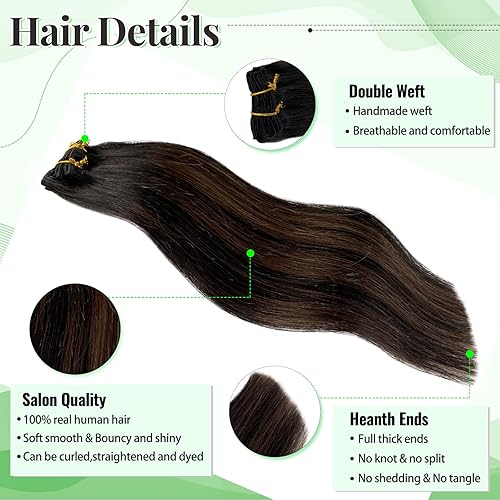 Miniatura 2 de Extensiones de cabello humano con clip, sin costuras, color negro natural degradado a castaño, extensiones de cabello humano con clip, trama de piel