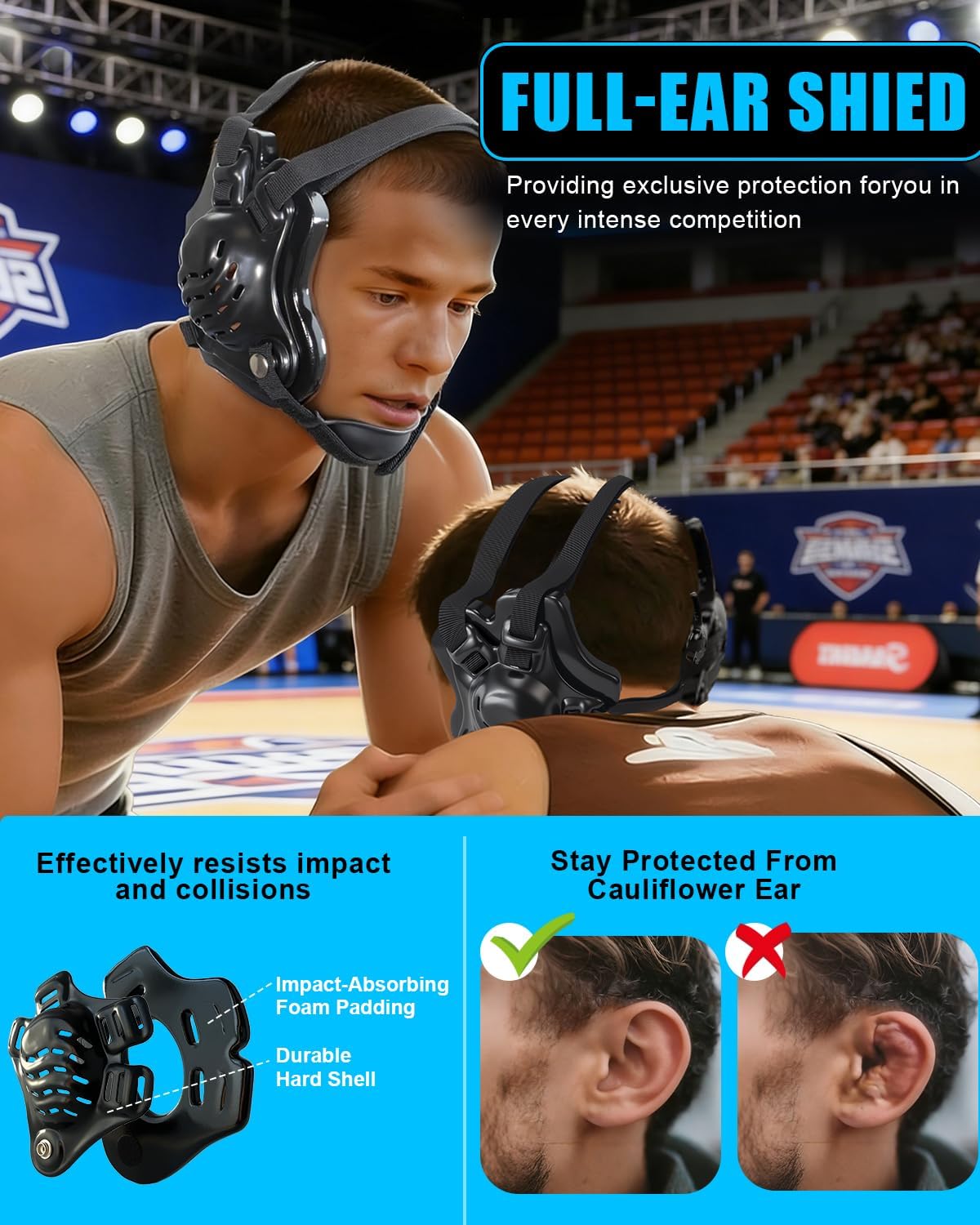 Wrestling Headgear, Youth Wrestling Head Gear with Chin Cup, Sorf Ear Guard for MMA, Jiu-Jitsu (for Users Age 10+)