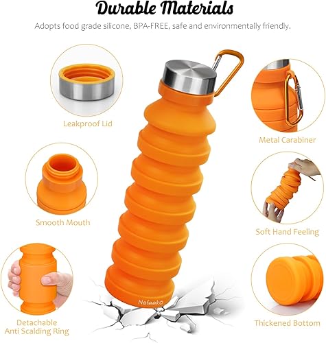 Miniatura 39 de Nefeeko Botella de agua plegable, reutilizable, sin BPA, de silicona, plegable, para viajes, gimnasio, camping, senderismo, botella de agua portátil