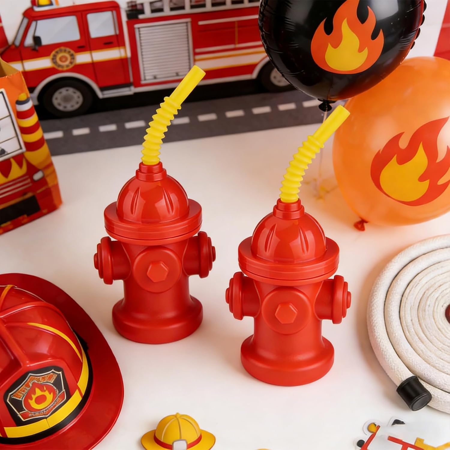 Haundry 16-Pack Fire Hydrant Straw Cups With Lids for Party Decorations, 10oz Firefighter Firetruck Birthday Party Decorations, Reusable Red Plastic Party Supplies