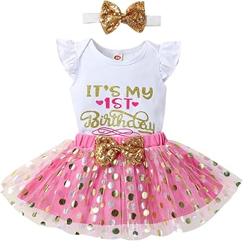 Newborn Baby Girls Baby Girls My 1st Birthday Outfits Romper + Tutu Skirt + Headband Set