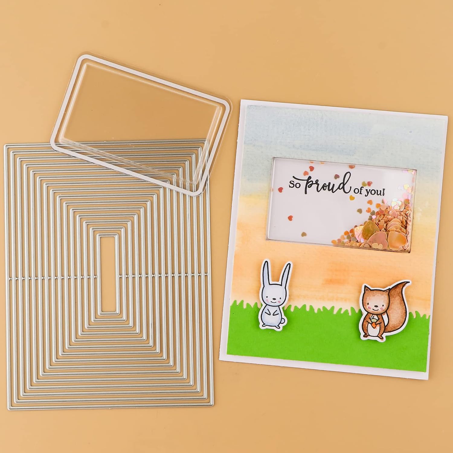 20 PCS Rectangle Shaker Covers Low Profile Plastic Clear Shaker Pourch Covers with 1 Rectangle Nested Cutting Dies Set Dimensional Shaker Clear Puffy Shaker Covers Window Blister Shaker Cards