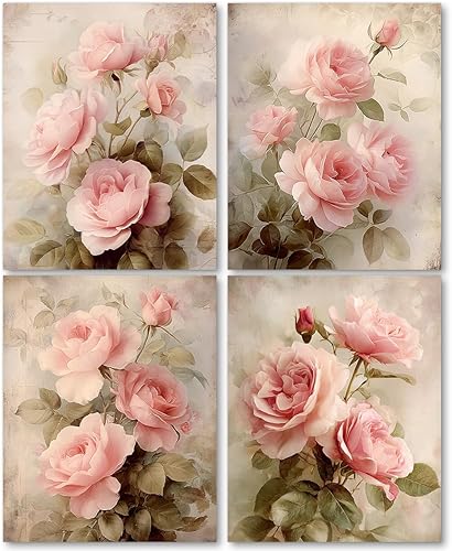 laveliabel Juego de 4 impresiones artísticas vintage de flores rosas sin marco, decoración de pared shabby chic, arte de pared floral retro vintage,