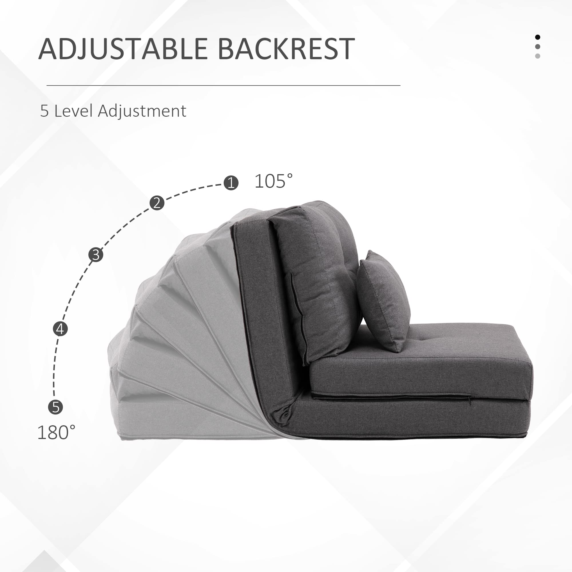 Silla abatible convertible, sofá perezoso de suelo, sofá cama tapizado plegable con respaldo ajustable, marco de metal y almohadas para sala de estar, dormitorio, gris oscuro 3