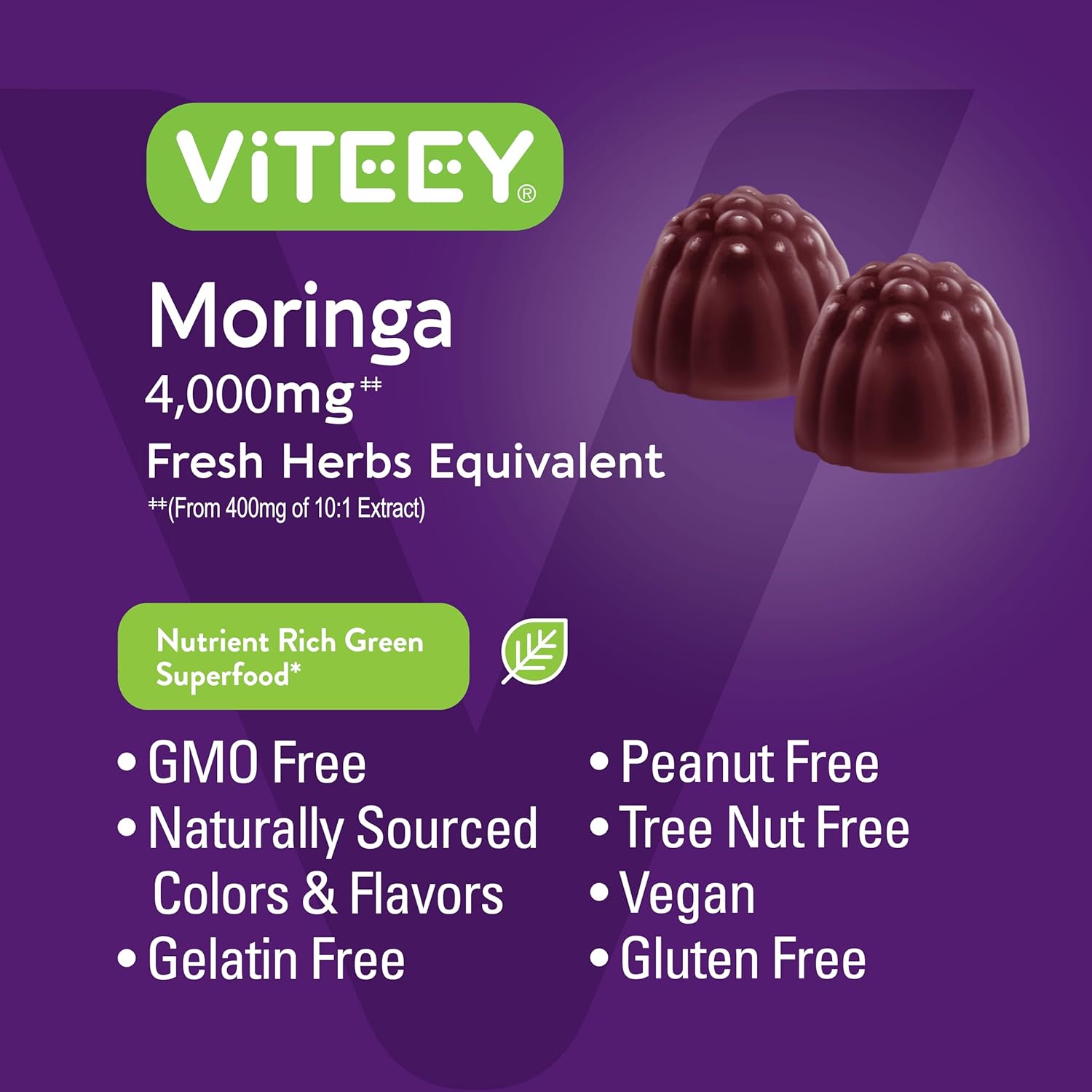 Viteey Moringa Gummies - 4,000mg [from 400mg of 10:1 Extract] of Moringa Supplement Super Greens Gummies - Antioxidant Wellness and Digestive Support - Vegan, Gluten Free - 120 Count