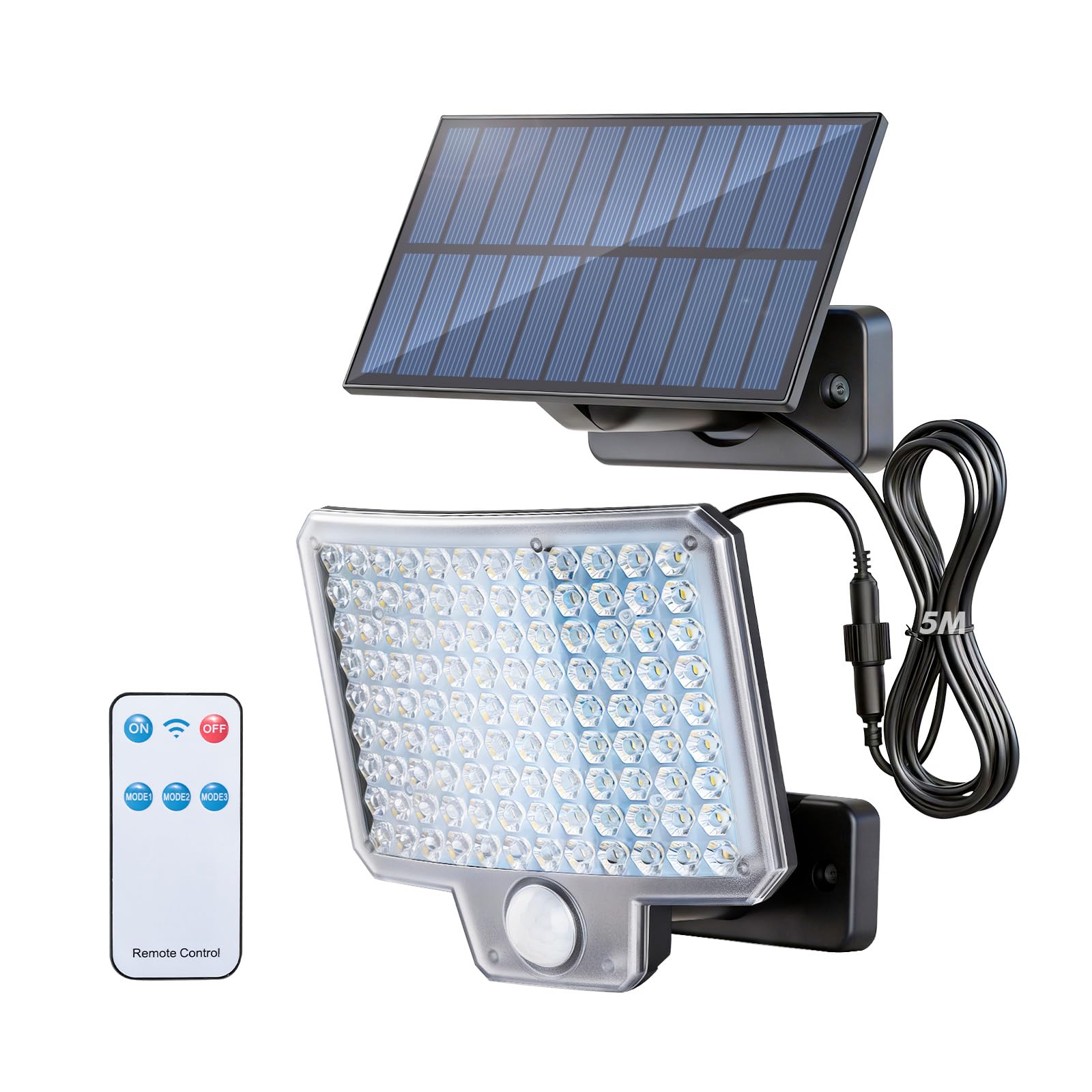GRIFEMA Solarlampen für Außen mit Fernbedienung, Außenlampe mit Bewegungsmelder, IP65 Wasserdichte Solarleuchte mit 5m Kabel für Garten, Garage, Terrasse, Hof, Haustüren, Schwarz