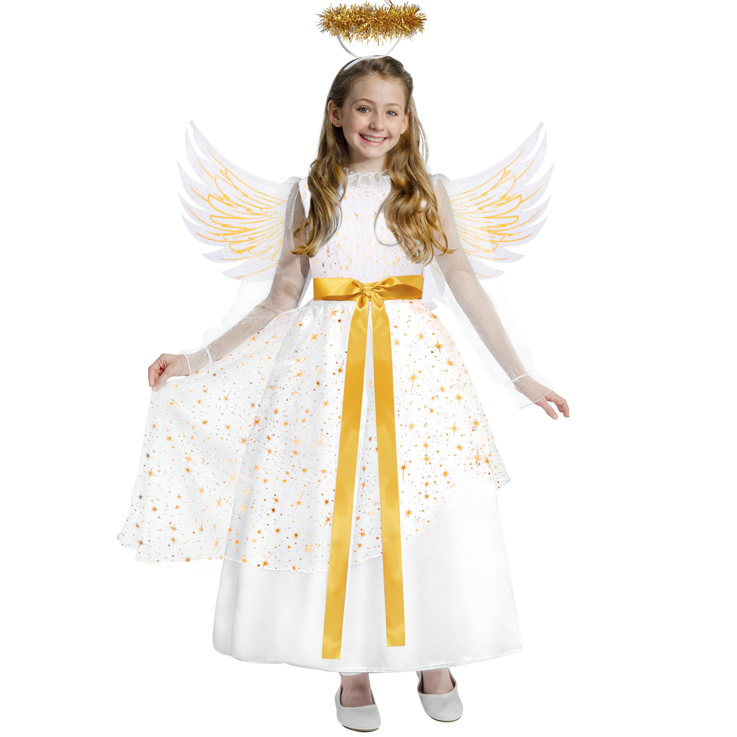 Spooktacular Creations Halloween Angel Costume Girls, Kids Princess Dress Toddlers Tulle Angel Set with Accessories for Halloween Role Play Parties, Golden, Large(10-12 yrs)