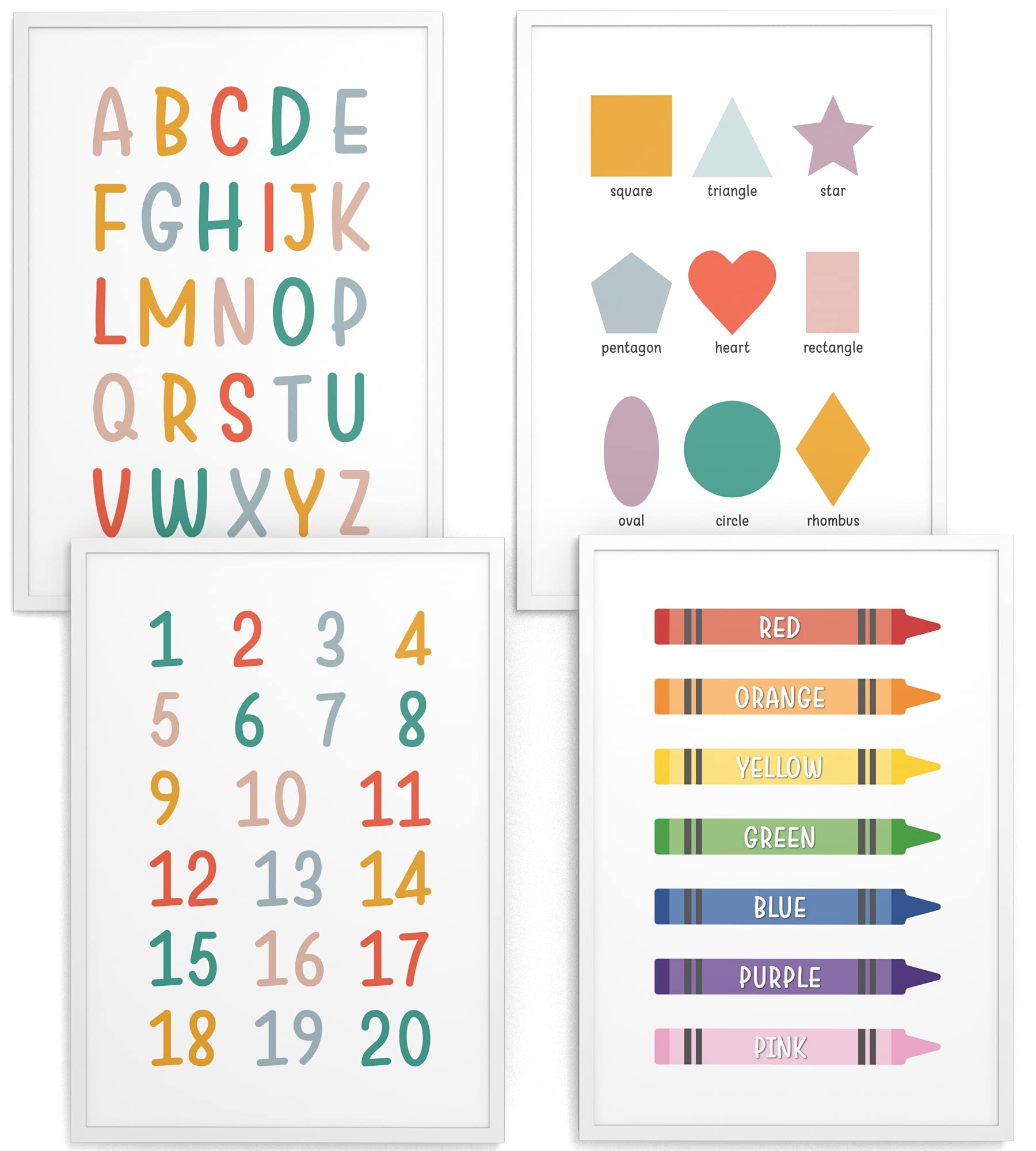 Lot de 4 posters d'apprentissage (anglais), A3 (30x42 cm) encadré d'un cadre en bois (blanc), cadeau de scolarisation, lettres, nombres, couleurs, des formulaires, ABC Numbers Colors Shapes