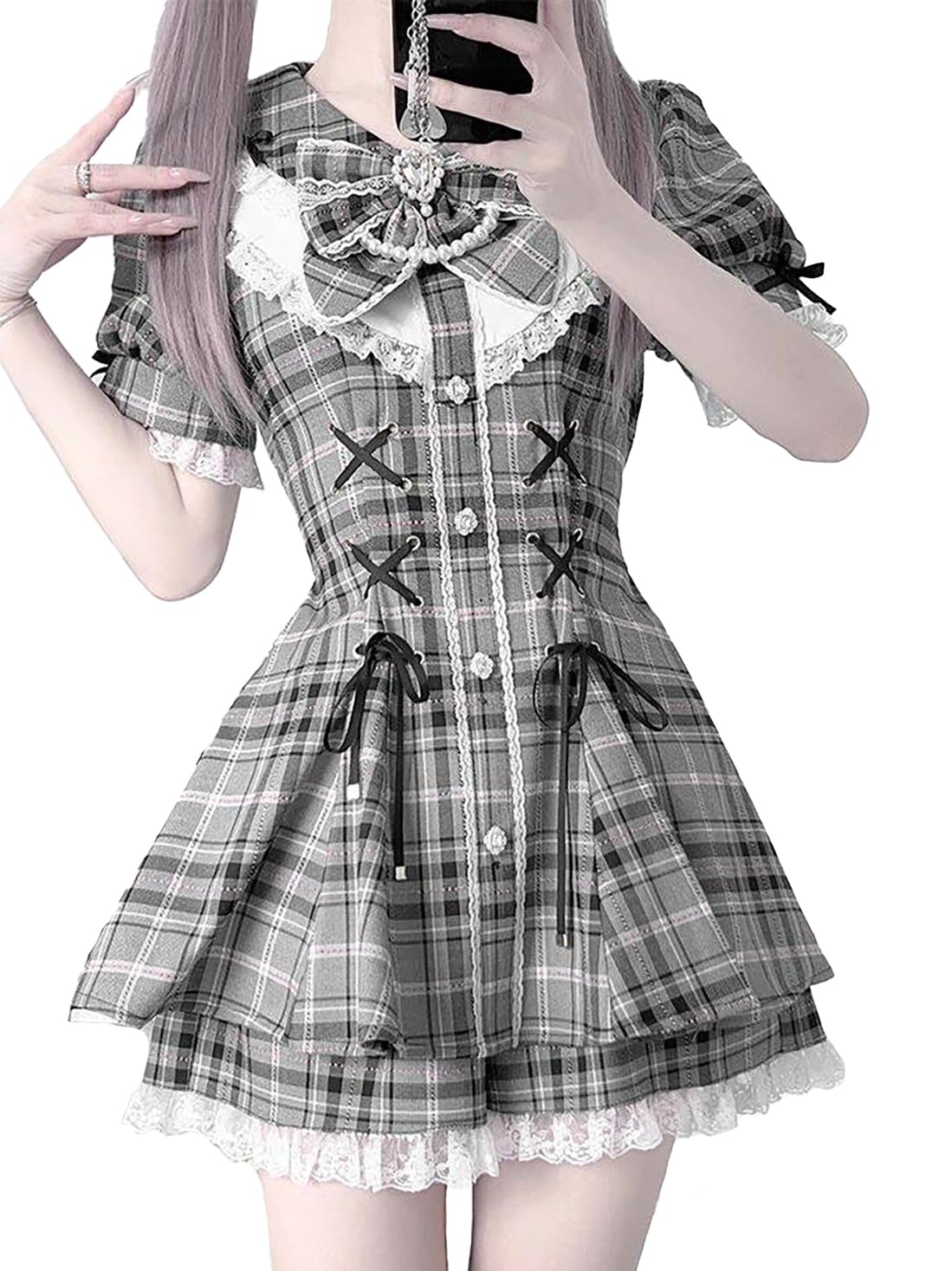 [Jundakara] Lolita Dress – Gothic/Alt Style – Features Removable Ribbons, Lace, and Ruffles – Cute, Dreamy, Sweet, & "Yami-kawaii" (Dark-Cute) Aesthetic – Retro Plaid Pattern – Suitable for Goth-Loli & "Mass-Produced" Style – Short-Sleeved Fashion