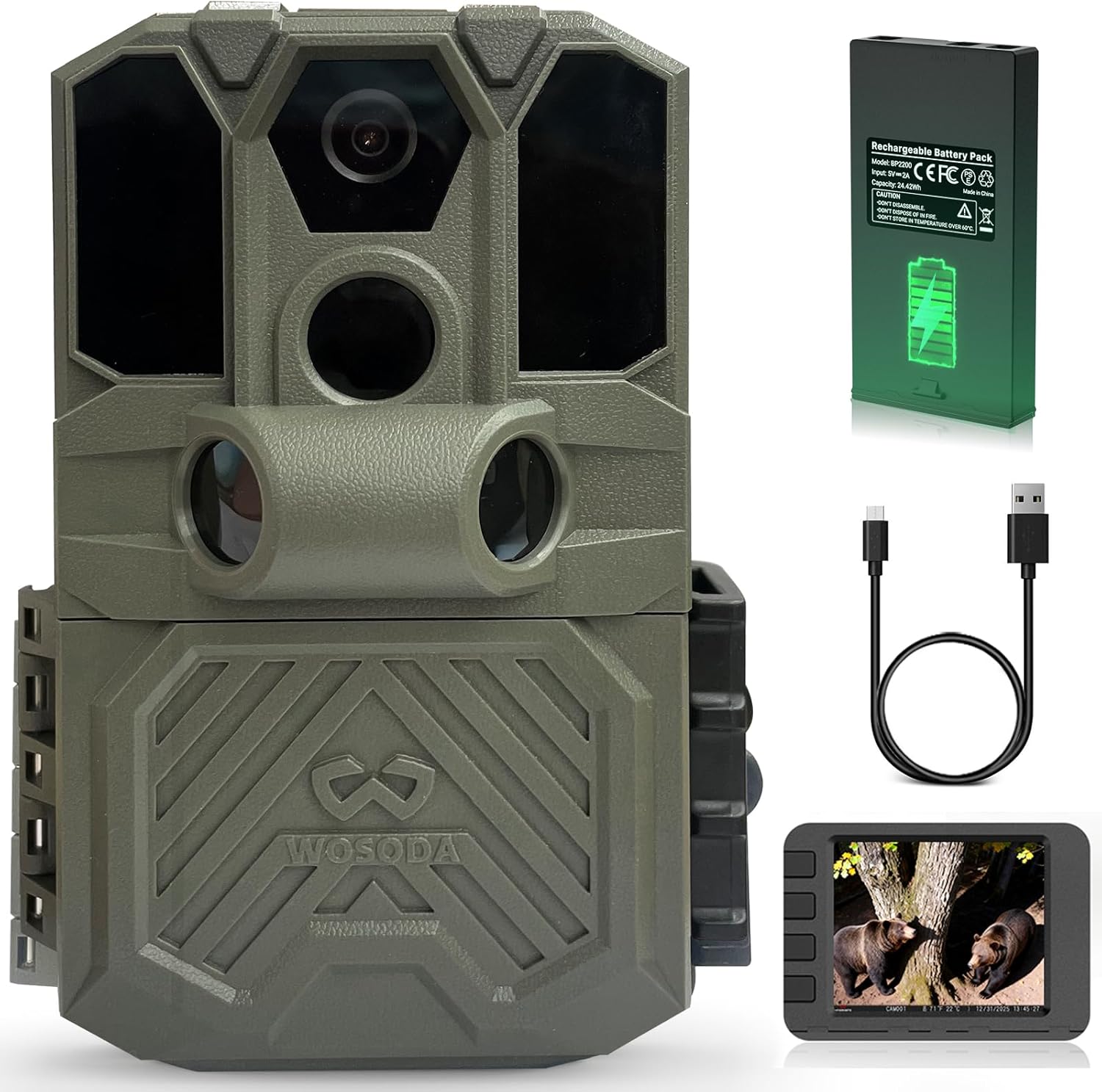 Rechargeable Trail Camera,40MP 2K Game Cam with 2200mAh Lithium Battery,0.2s Trigger Night Vision Motion Activated,IP66 Waterproof 120° Wide Lens 2.0” LCD Wildlife Camera,Outdoor Scouting