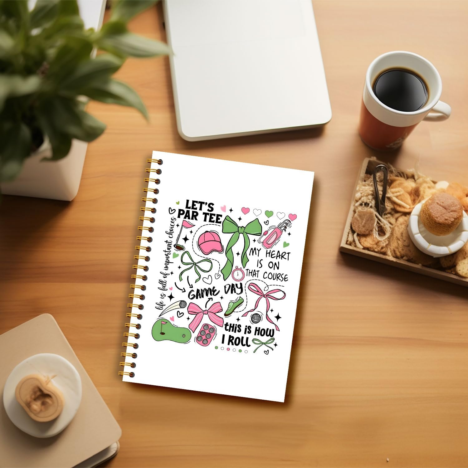 Coquette Bow Golf Notebook, Golf Lovers Fans Players Gifts Journal, Golfing Gifts for Women Notebook, Girly Pink Green Bow Golfer Hardcover Spiral Notebooks, 5.5x8.3 Inch image 4