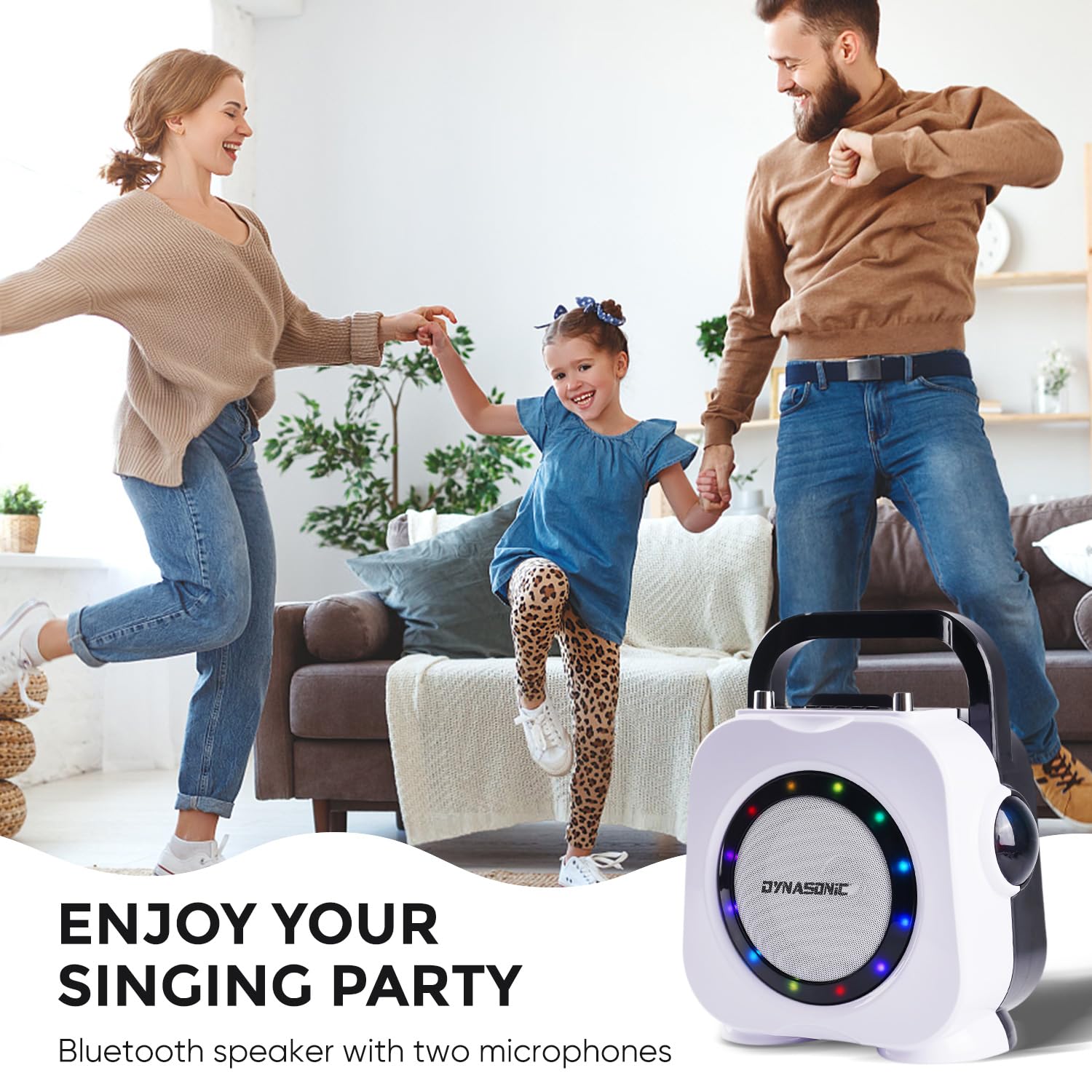 DYNASONIC Cassa Bluetooth senza fili con luci LED. Macchina per karaoke portatile con due microfoni. Regalo originale. Altoparlante (Dk-201 nero)