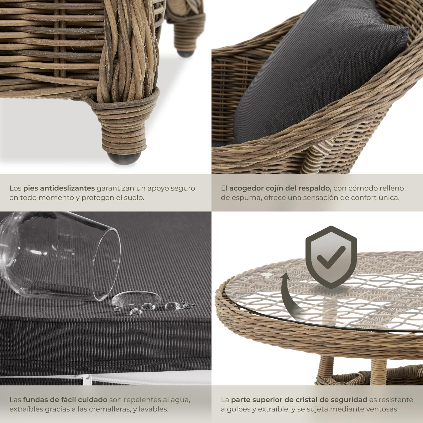 tectake® Conjunto Jardín Exterior de Ratán y Aluminio, 4 Sillones con Cojines y 1 Mesa Cristal, Muebles Jardín Exterior Impermebales y Resistentes a Intemperie, Topes en Patas, Sin Montaje - Natural