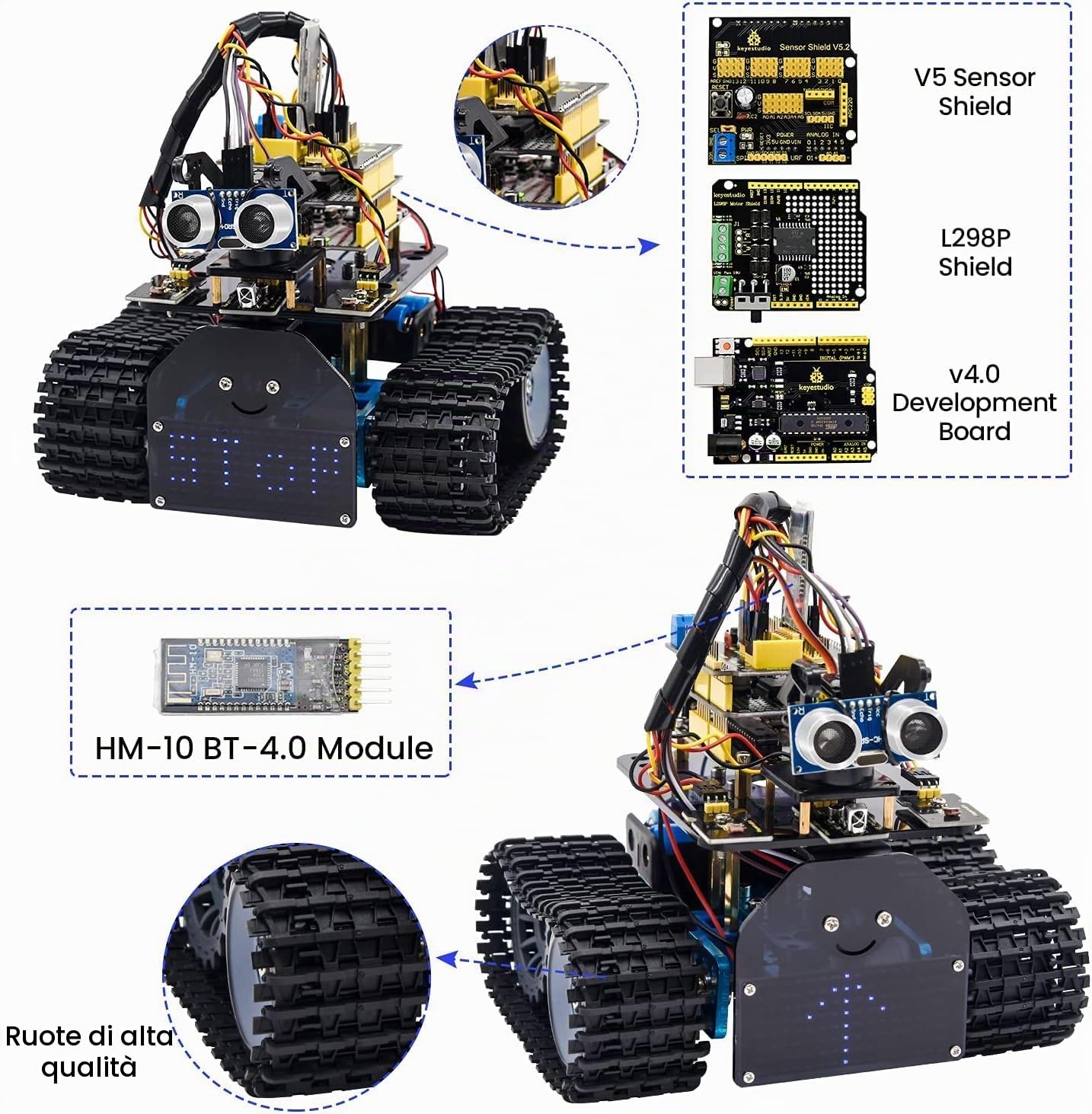 KEYESTUDIO Mini Tank Robot Smart Car Kit Light/Ultrasonic Follow, telecomando a infrarossi e Bluetooth, kit di robotica elettronica fai da te per bambini e ragazzi, supporto iOS e Android