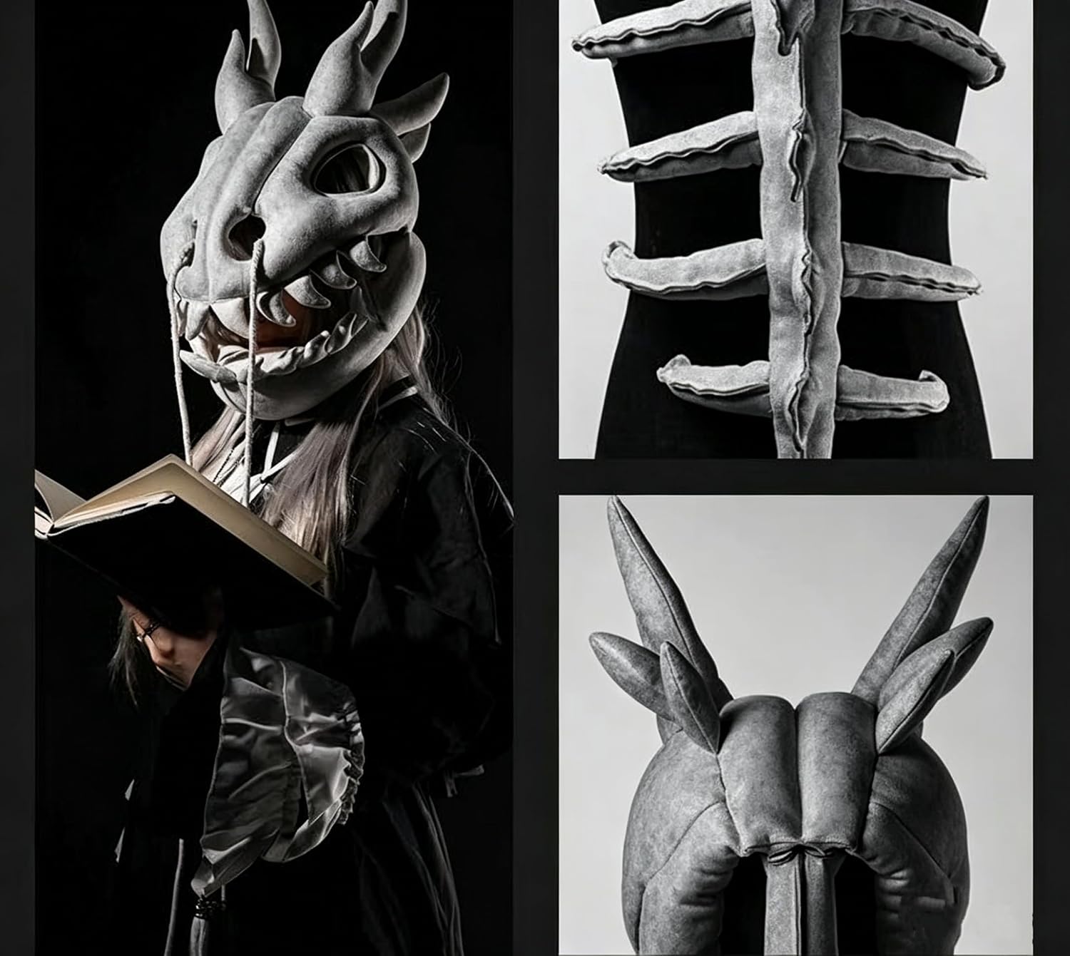 Dinosaur Skeleton Costume，3D Spinosaurus Skull Mask & Plush Spine for Halloween，Themed Skull Cosplay Props