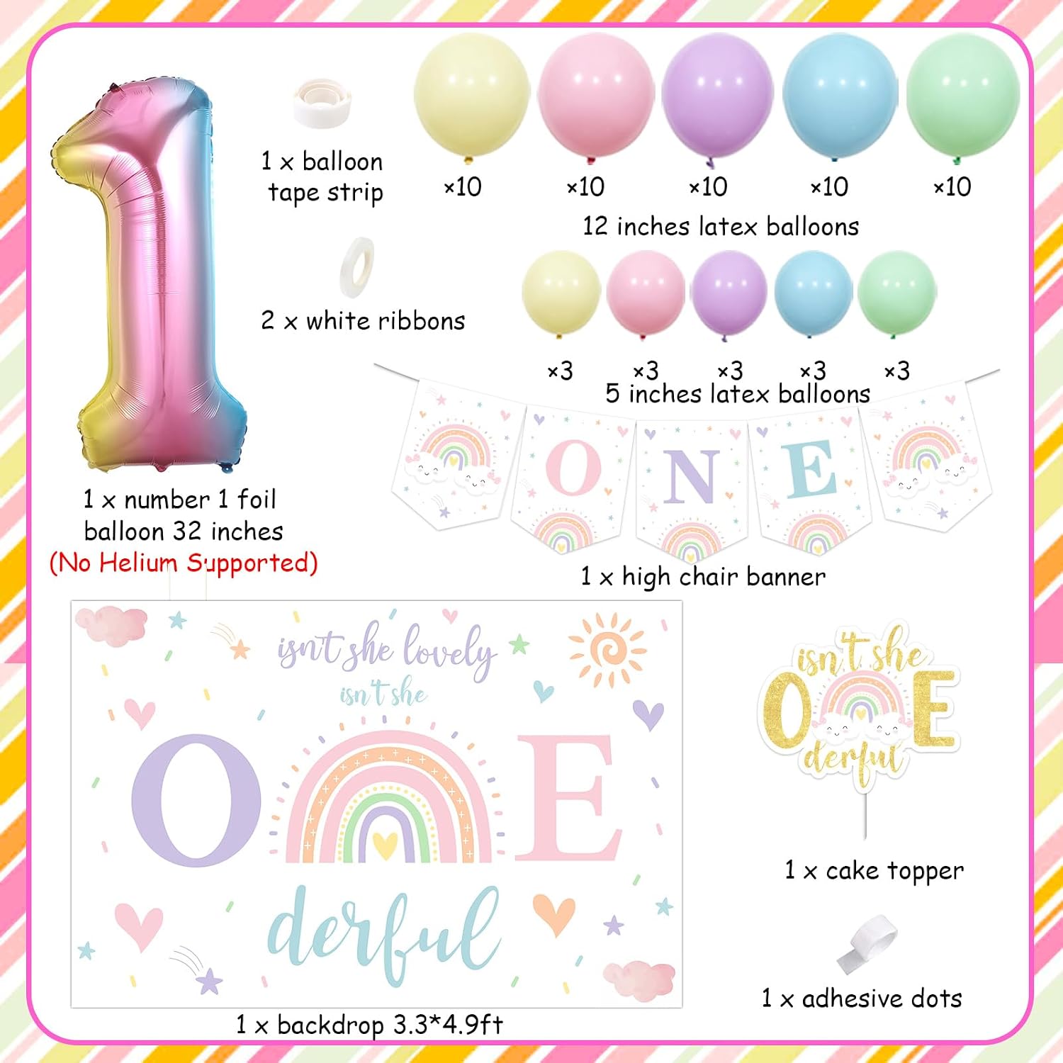 Pastel Rainbow 1st Birthday Decorations Girl - Isn't She Lovely Isn't She Onederful Backdrop Cake Topper with Rainbow Balloon Garland Arch, One Highchair Banner, Rainbow First Birthday Party