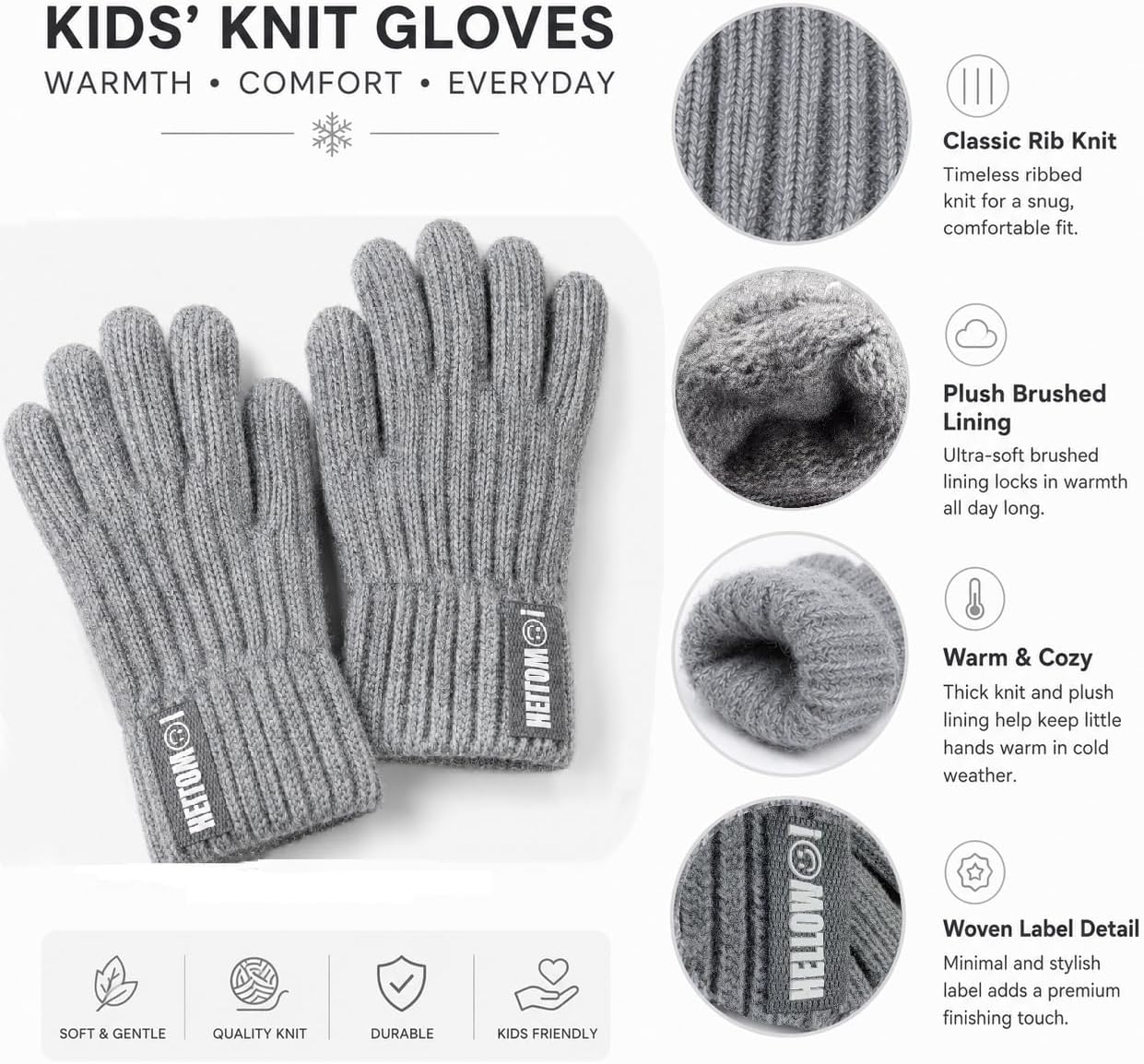 Kids Winter-Knit-Gloves, Warm Soft Gloves for Boys Girls Cold Weather