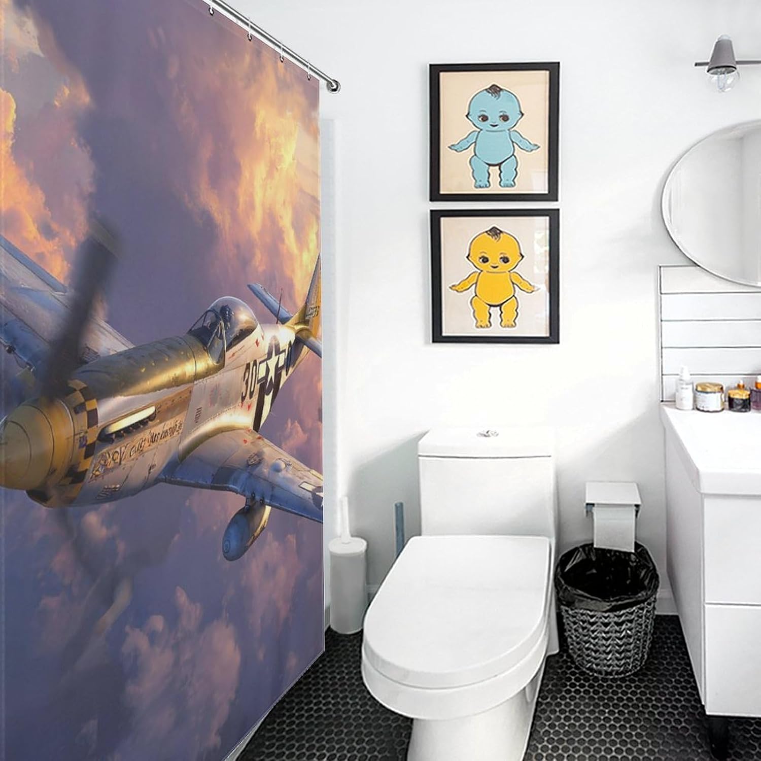 Military Aircraft Fighter WWII P-51 Airplane Shower Curtain 46.85x70.87Inch（119x180cm） Polyester Bath Curtain Shower Curtains Printed Decorative