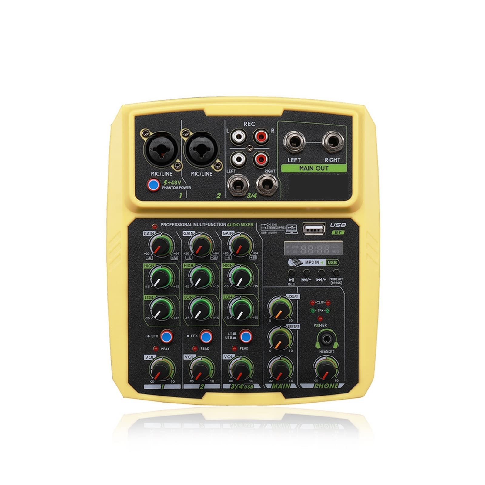 Mikser Audio, 4-kanałowy interfejs miksera dźwięku profesjonalne nagrywanie studyjne karta dźwiękowa konsola miksująca mikrofon zasilanie Phantom 48V(Yellow)