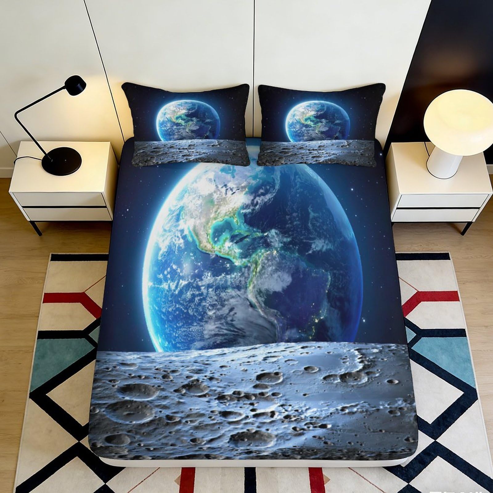 3D Printed Earth and Moon Fitted Sheet Microfiber Soft Breathable Cosmic View Bed Cover for Bedroom Dormitory Guest Room Mattress Protection 160x200x25cm