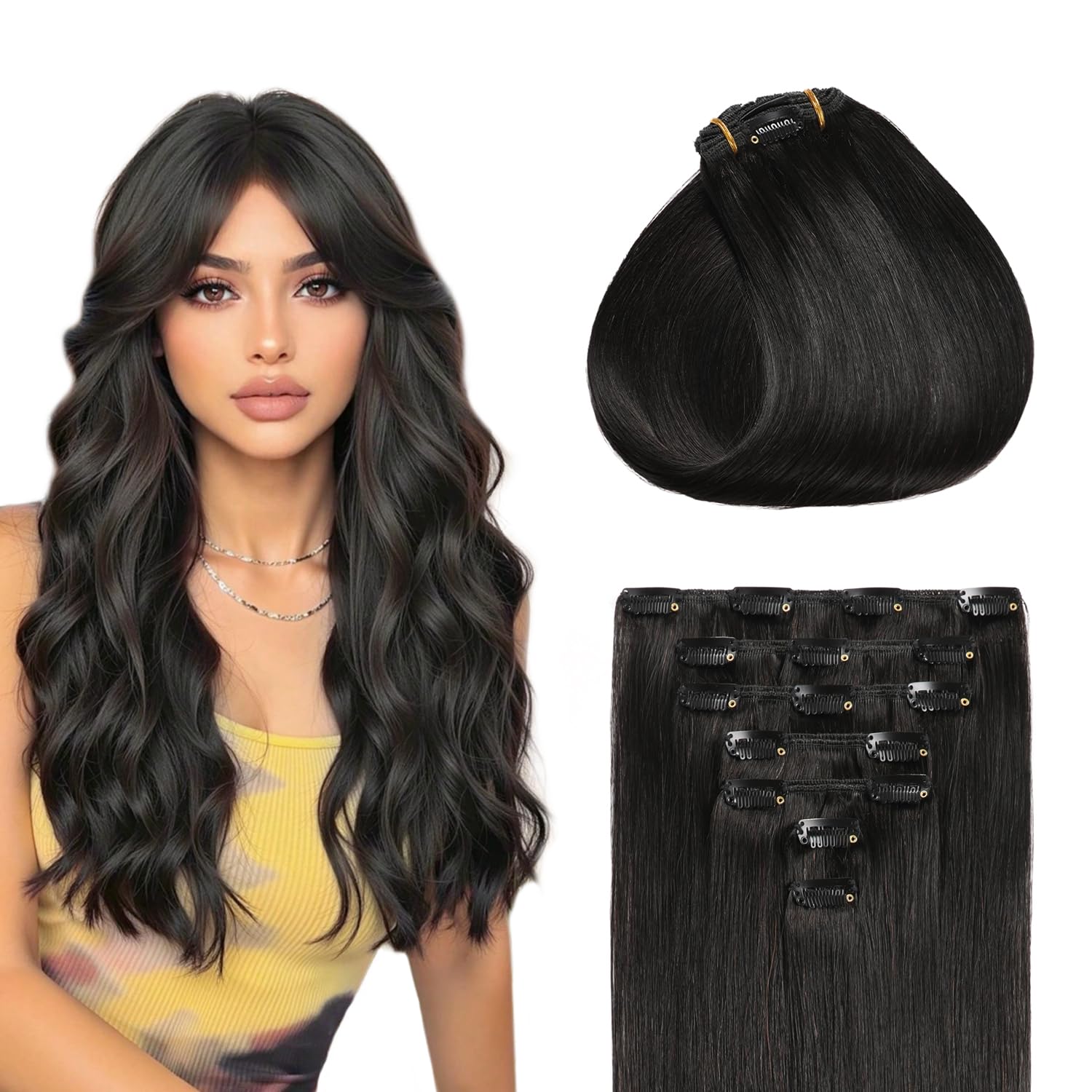 Sunya Clip in Hair Extensions Real Human Hair 7 Pcs Human Hair Clip in Extensions 16 Inch Straight Double Weft Remy Human Hair Extensions Clip ins for