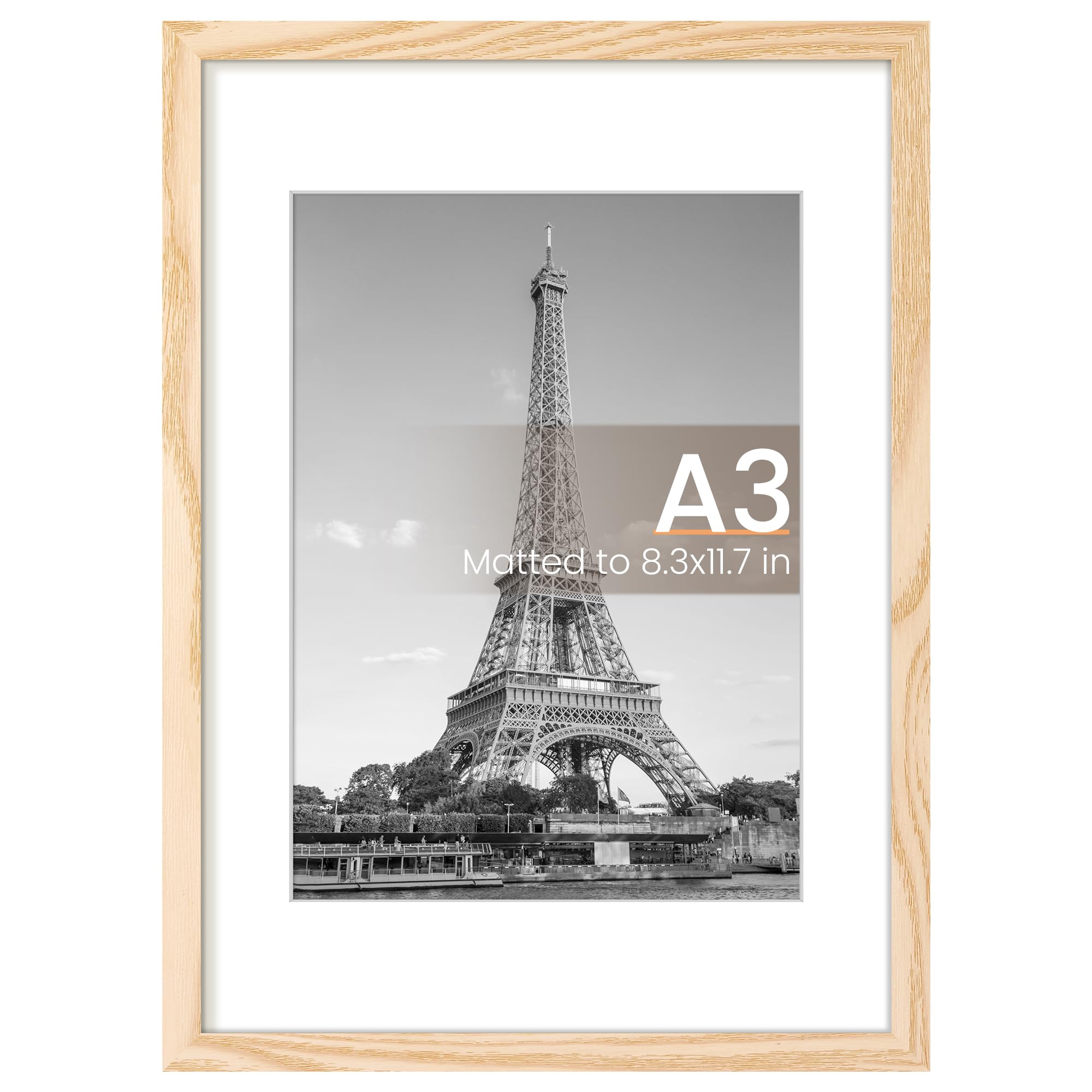 upsimples A3 Picture Frame, Display Pictures 8.3x11.7 with Mat or 11.7 x 16.5 Without, Wall Hanging Poster Frames, Natural Style, 1 Pack