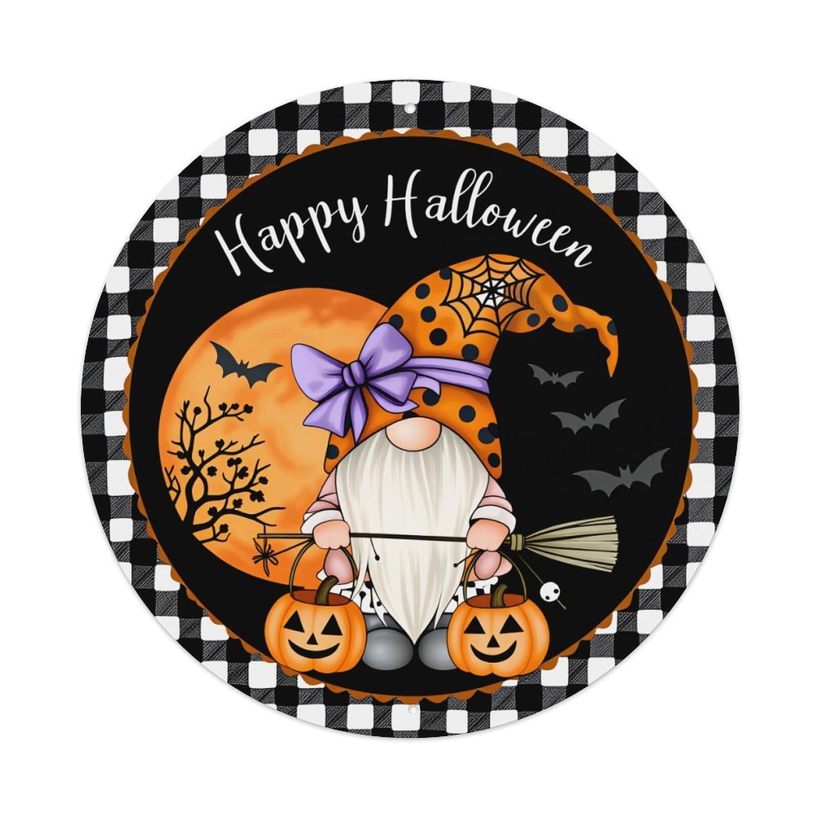 Happy Halloween Gnome Pumpkin Bats Round Tin Sign Vintage Metal Poster Retro Bar, Home, Man Cave, Kitchen, Laundry Room Wall Art Decor Gift 8x8In
