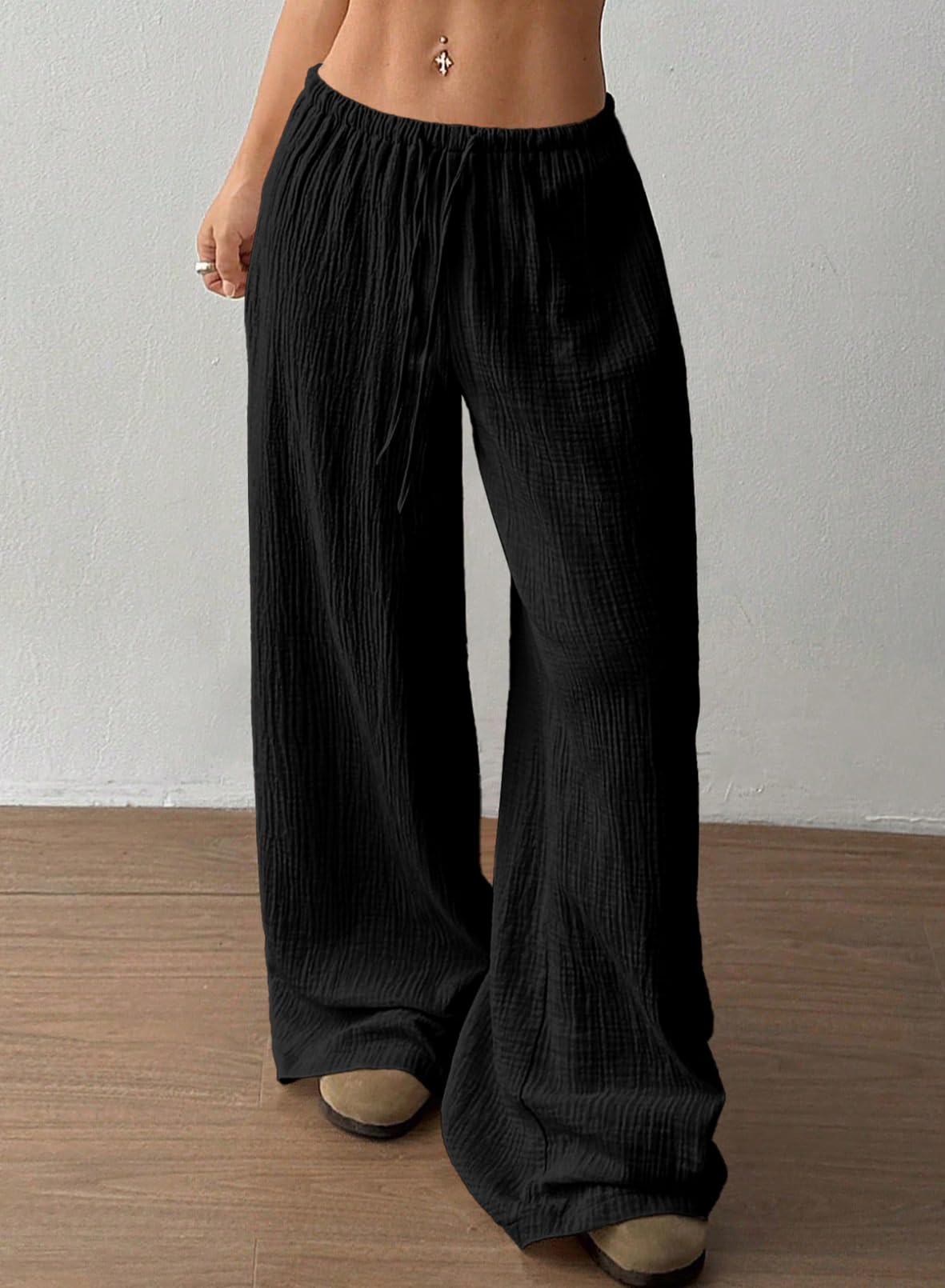 Acelitt Women’s Wide Leg Palazzo Pants Casual Loose Lounge Pants Beach Trousers with Pockets(Too Large, Please Size Down): X-Large Black