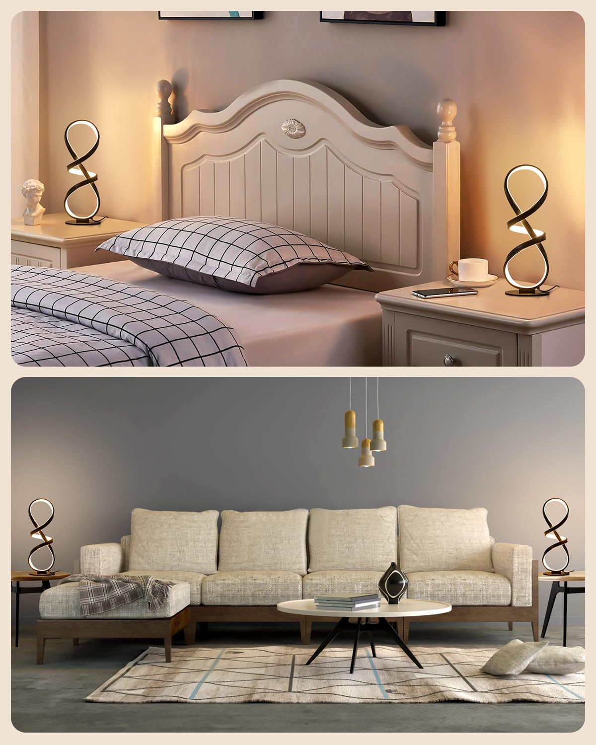 Set mit 2 Tischlampen, LED-Touch, dimmbar, Spiralschreibtischlampe, 3 Farbtemperatur, moderne Nachttischlampe, einzigartige Nachttischlampe für Wohnzimmer, Schlafzimmer, kühle Lampen für