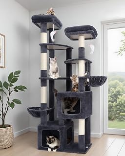 Globlazer Climbing Tree for Adults Cats XXL 189cm with 2 Large Caves 45*40*35cm, 3 Large Platforms, 2 Tubs, 2 Baskets, Huge Stable Climbing Tree for 3-5 Large Cats (S74E, Dark Grey)