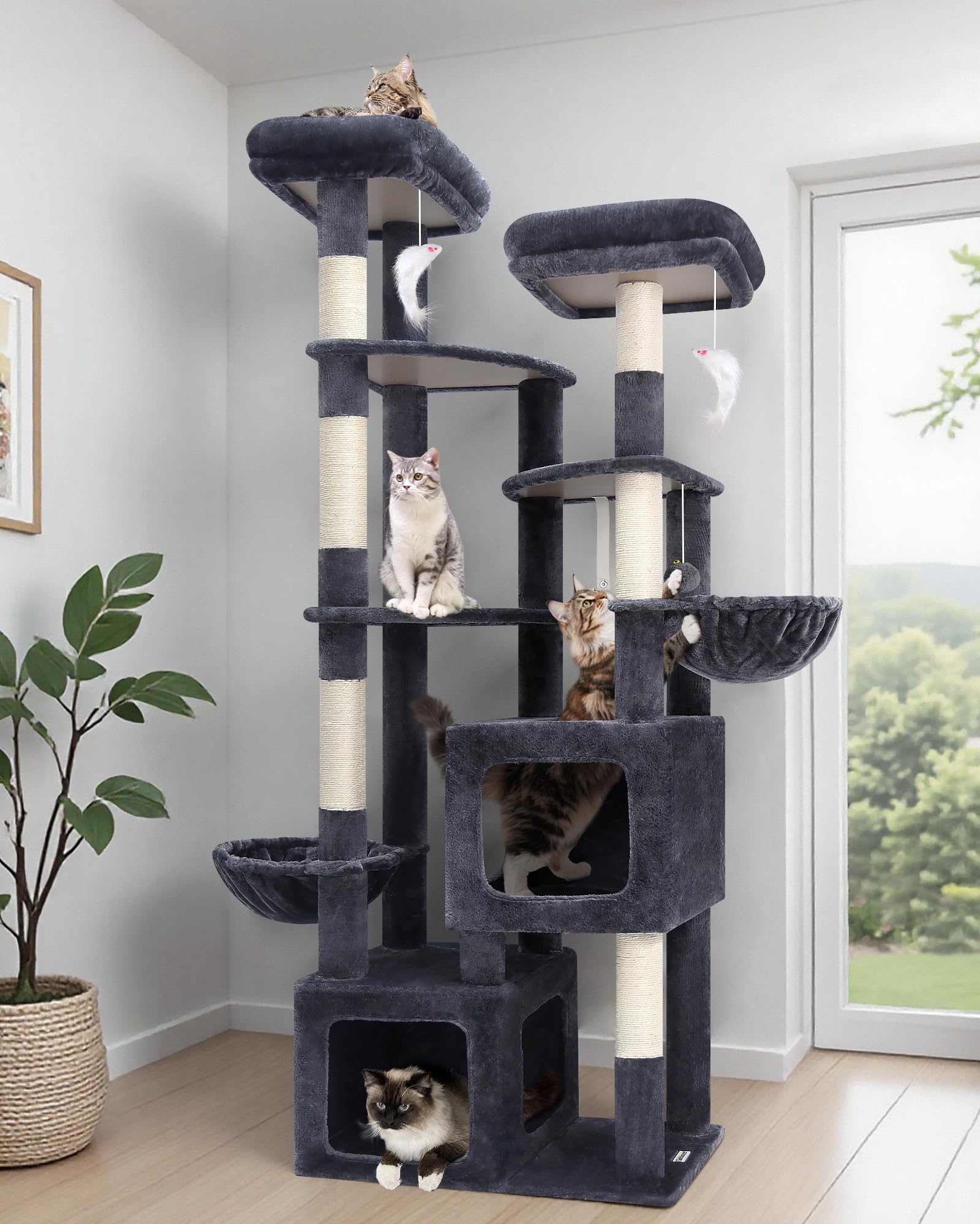 Arbre à Chat XXL Globlazer 189 Cm – Pour 2-6 Gros Chats – 2 Niches Larges, 3 Plateformes, Perchoirs, Paniers – Gris Foncé