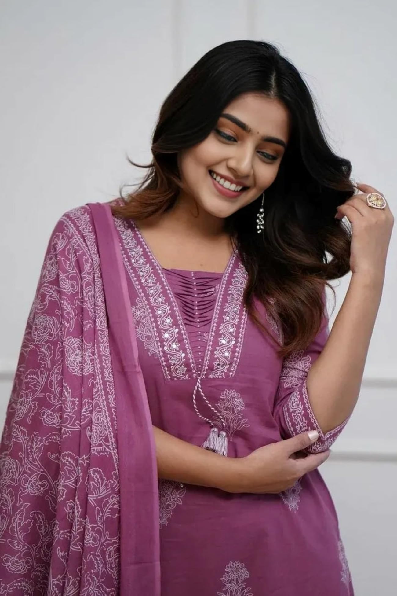 PARTHVI|Women's Pure Cotton Printed with Handwork Kurta with Pants and Dupatta Set | Ethnic Set | Suit Set | Kurta Set | Wedding Suit Set (P-1079-Wine-XL) - Image 4 thumbnail