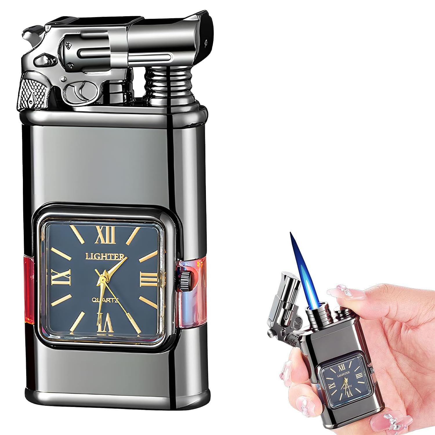 Windproof Lighter Vintage Watch Bezel Jet Flame,New Cool Unique Windproof Vintage Lighter,Dual Flame Design,2 In 1 Inflatable Lighter with Electric Watch for Men'S Gifts (I)