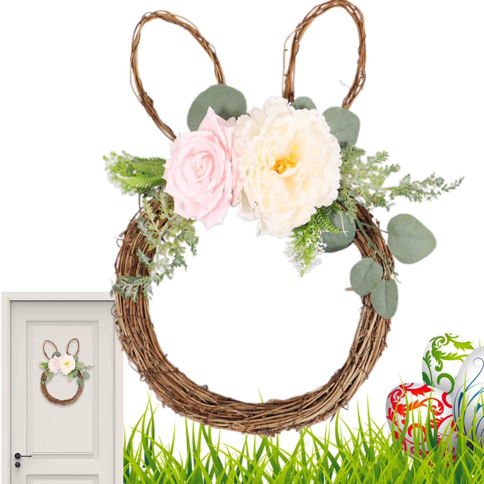 Corona de Pascua exterior con silueta de conejo y flores resistentes de primavera para bodas
