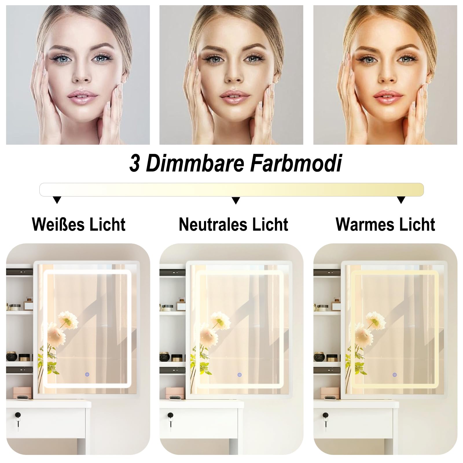 DATO Tavolo da toeletta con illuminazione a LED, 3 temperature di colore e luminosità regolabili, tavolo da toeletta con sgabello, tavolo da toeletta con 5 cassetti e 3 ripiani, tavolo da toeletta con