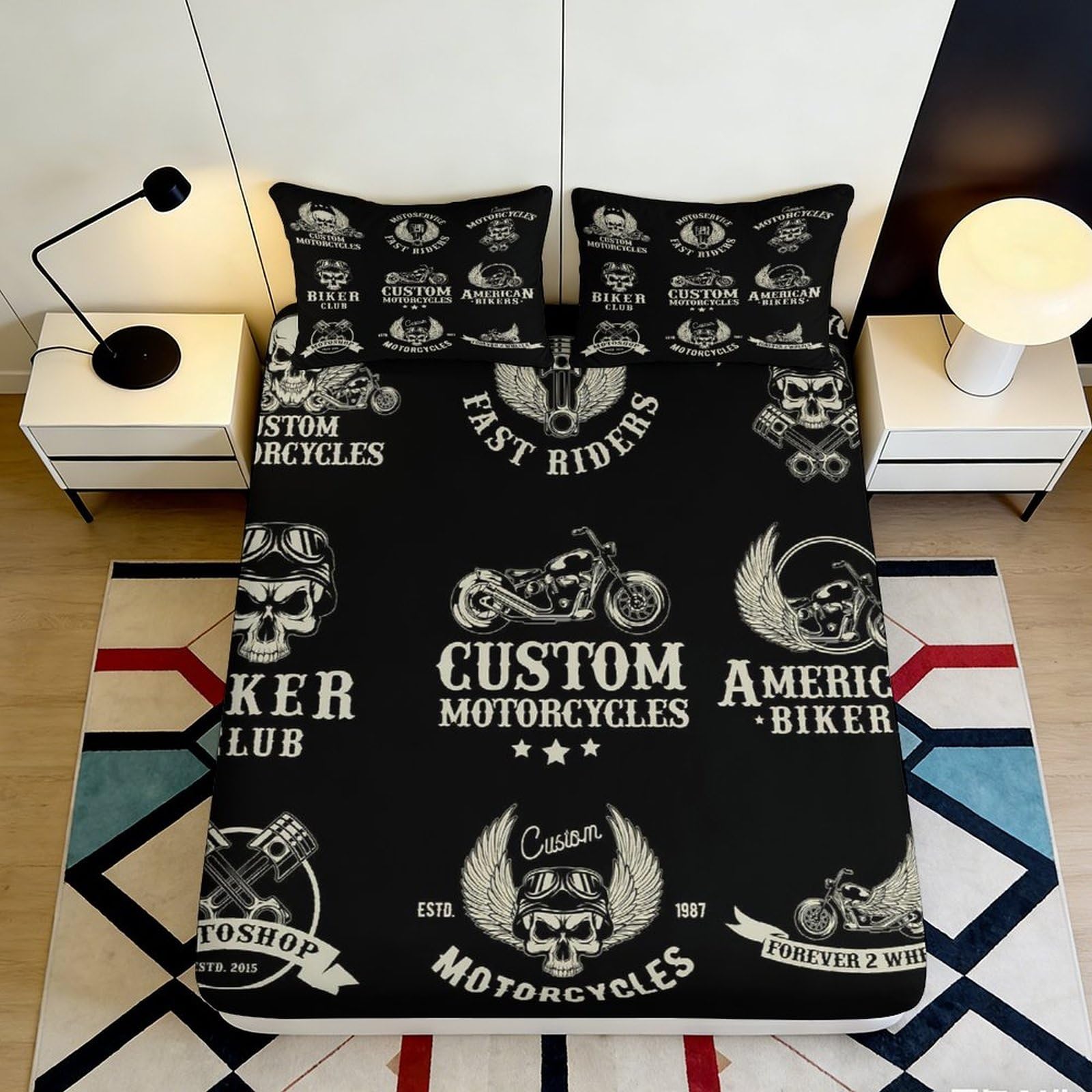 3D Printed Skull Motorcycle Black Fitted Sheet Microfiber Soft Bed Cover for Bedroom Guest Room Dustproof Decor 90x200x25cm