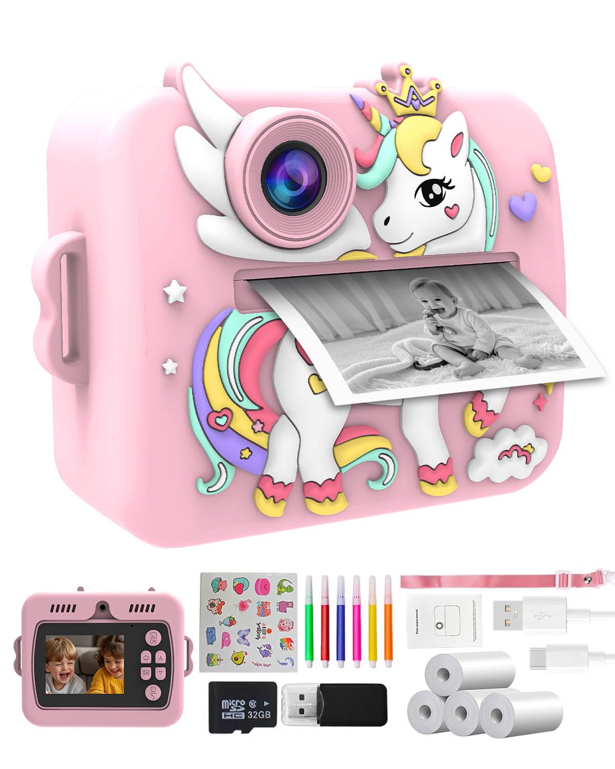 Kids Camera Instant Print, 1080P 2.4’’ Digital Camera with 32GB Card & 4 Rolls of Print Paper, Stickers, Card Reader, Creative Camera Gift for Kids, Selfie Toy for Boys & Girls Ages 3-12, Pink