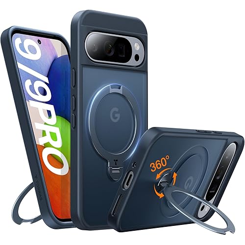 TORRAS 360°Spin Magnetic Stand for Google Pixel 9 Pro Case/Pixel 9 Case, 12FT Military Protection, Compatible with Magsafe, Shockproof Translucent Slim Pixel 9 Pro Phone Case with Ring Holder, Black