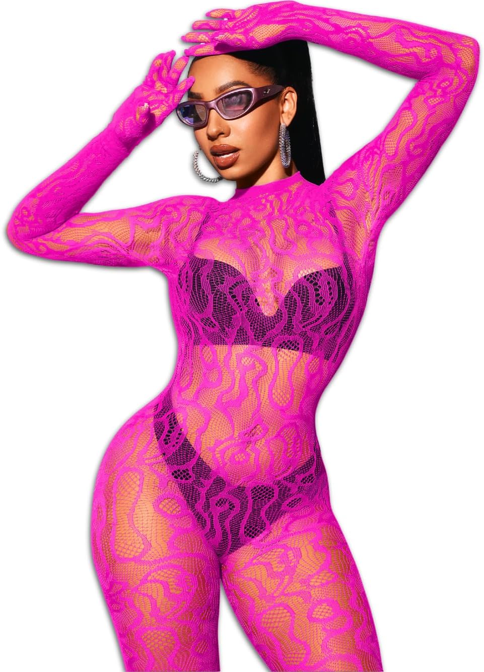 EHSUYAB Women Sexy Fishnet Full Bodysuit, Mesh Lace Poster Jumpsuit Glow Party Rave Outfits, Body Stockings Halloween Costume