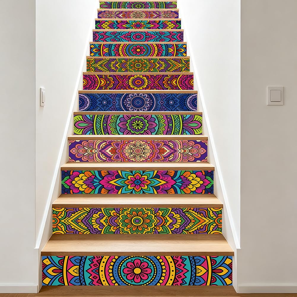 TNKBREEZE 15 Strips Peel and Stick Stairs Stickers Color Mandala Stair Riser Decals Boho Vintage Removable Self-Adhesive PVC Art Sticker Decor for Steps Staircase Murals Decals 39.37"×7.09"