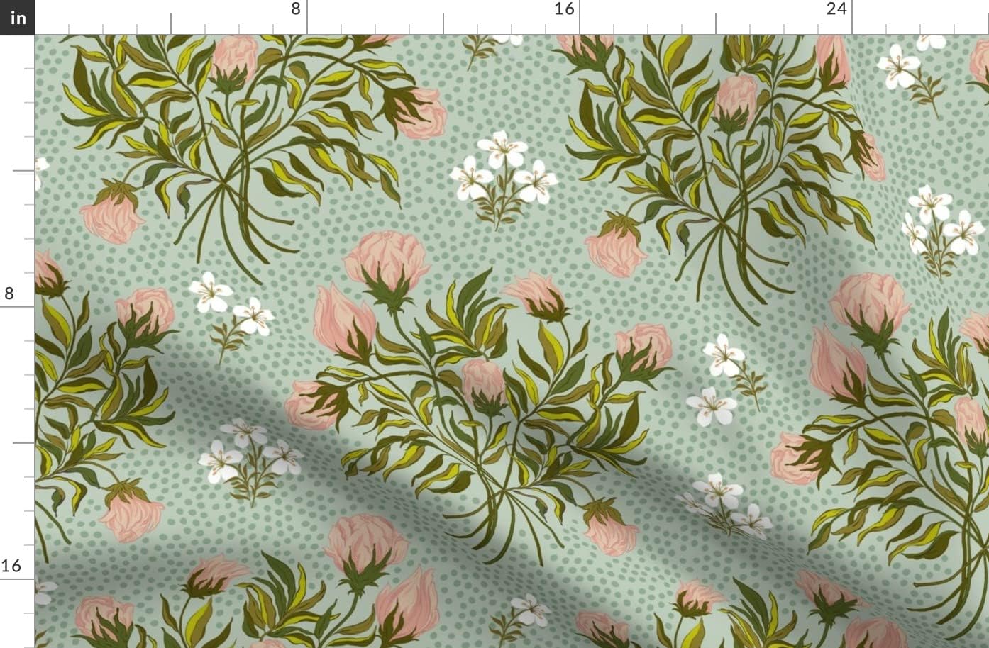 Spoonflower Fabric - Bouquet Sage Pink Roses Green Ditsy Floral Vintage Antique Printed on Organic Cotton Sateen Fabric by The Yard - Sewing Quilting Apparel Home Decor