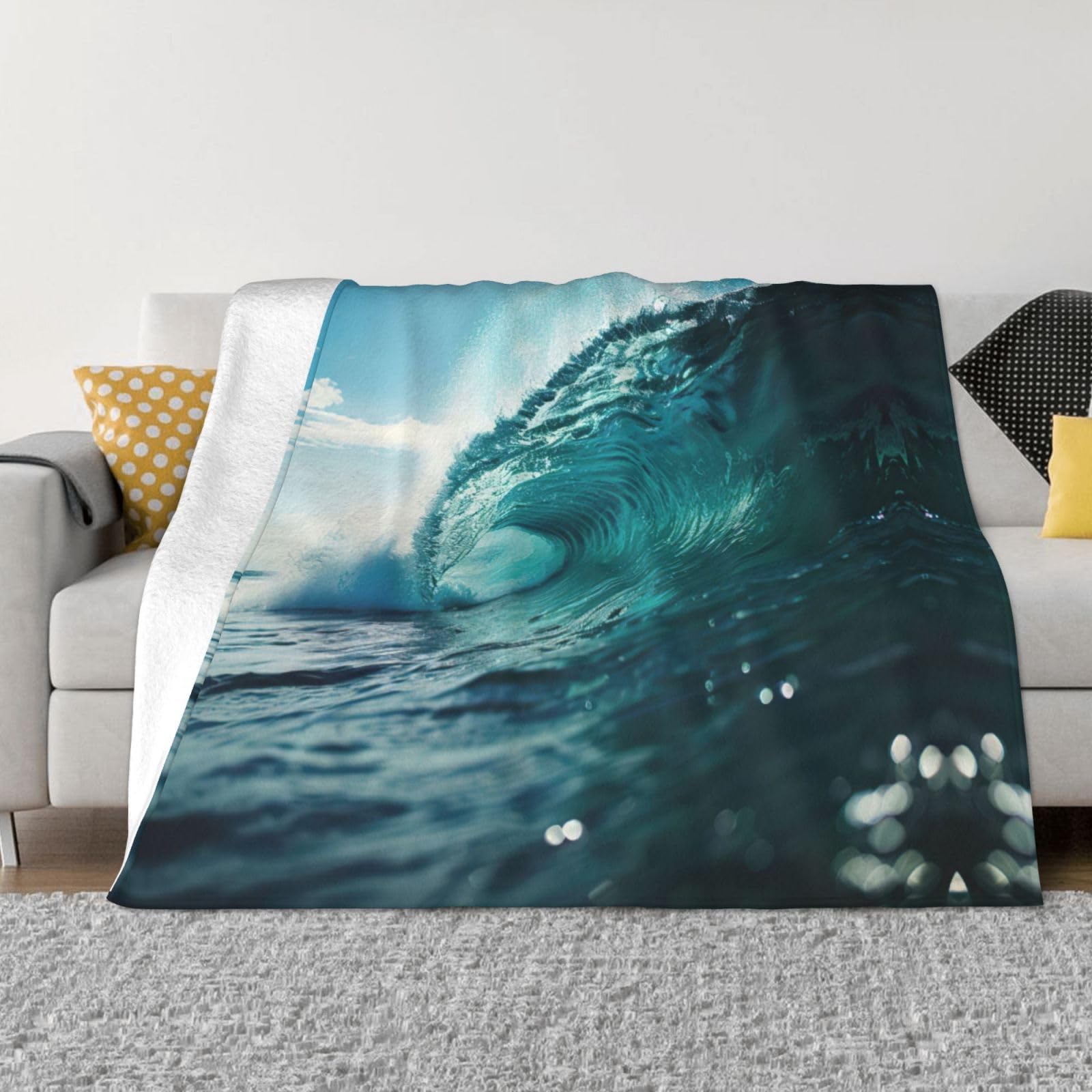 Couverture douce vert océan à imprimé vagues pour lit et canapé
