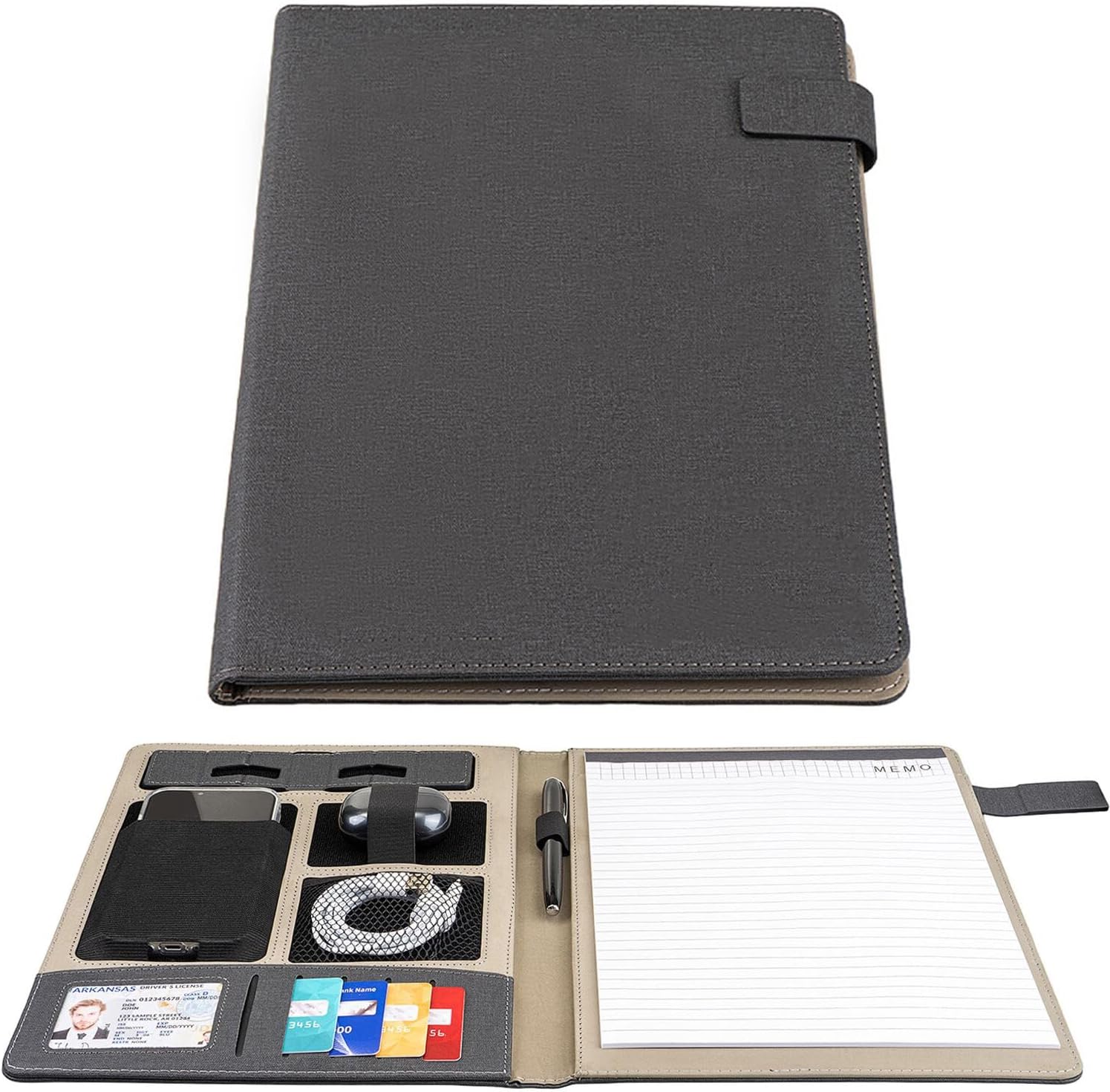 Men Padfolio for Coworker Employee, Portfolio Binder, Organizer Portfolio Folder, with Phone Stand, Card Slots, Earphone Holder, Cable Pocket, Men Christmas, Anniversary, Birthday, Fathers Day, Black
