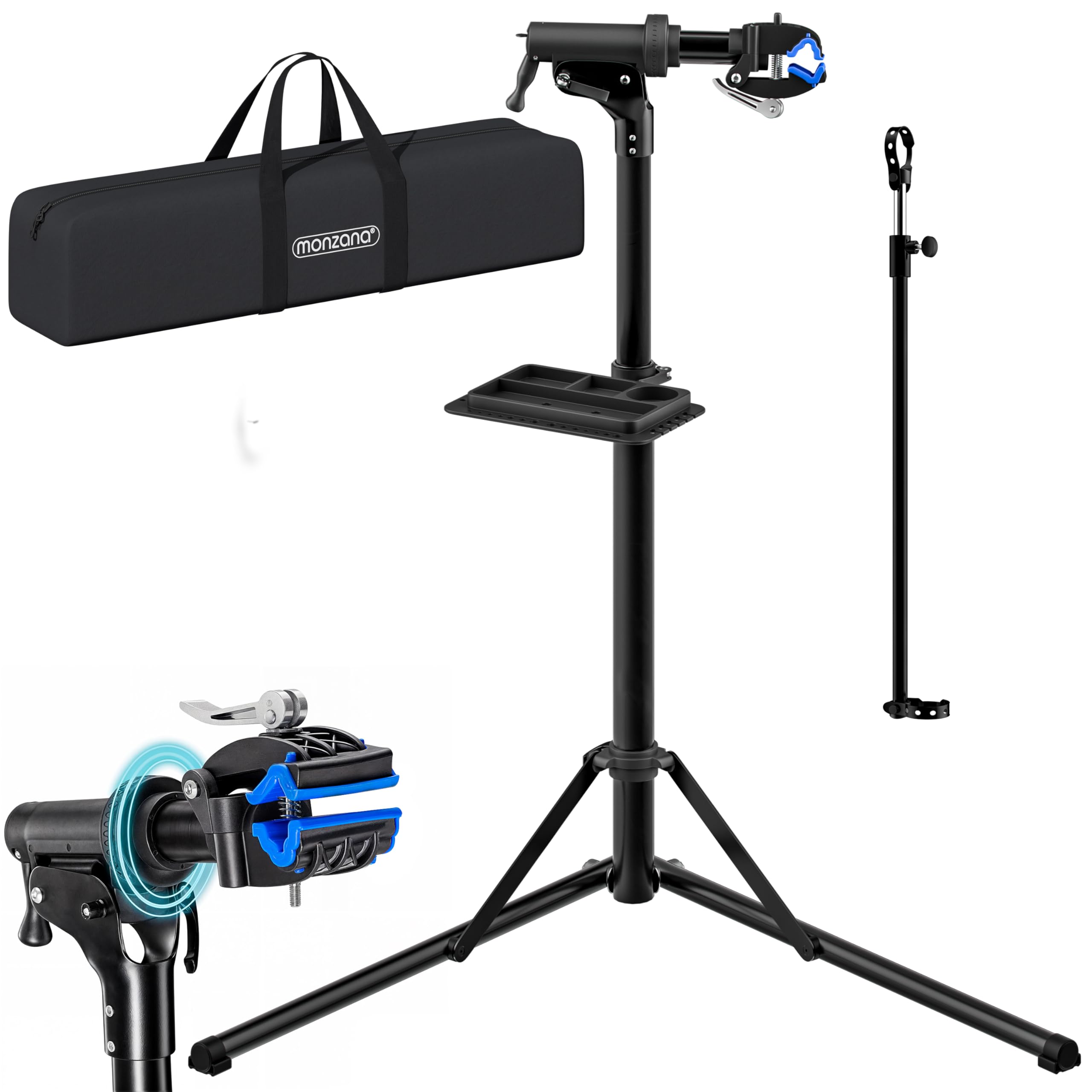 MONZANA® Caballete para Bicicleta Eléctrica Soporte Reparación Montaje Plegable Giratorio Altura Ajustable Barra Sujeción Manillar Bandeja para Herramientas Acero Carga Máxima 50 Kg